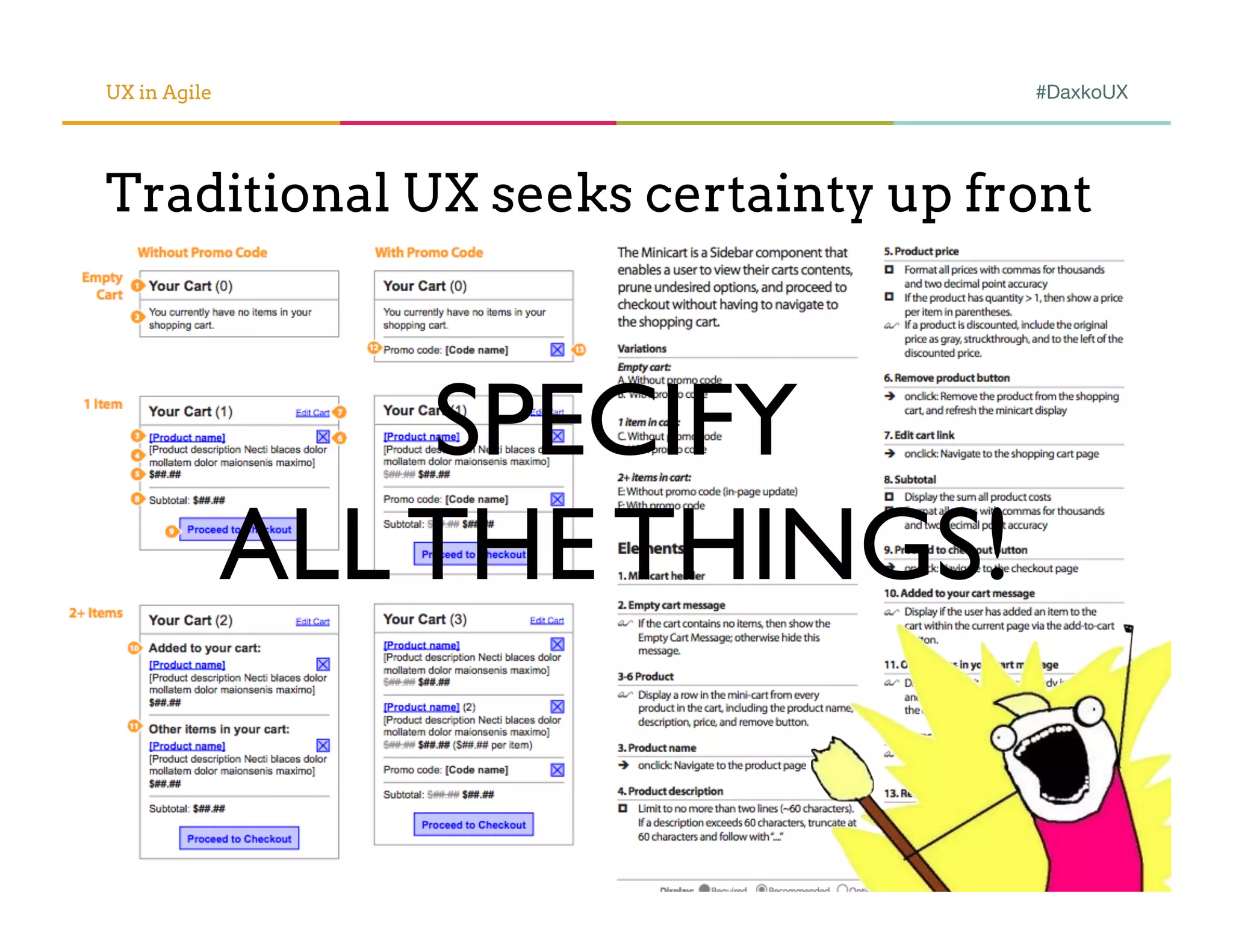 UX in Agile                         #DaxkoUX




Traditional UX seeks certainty up front



                  SPECIFY	

              ALL THE THINGS!	

 