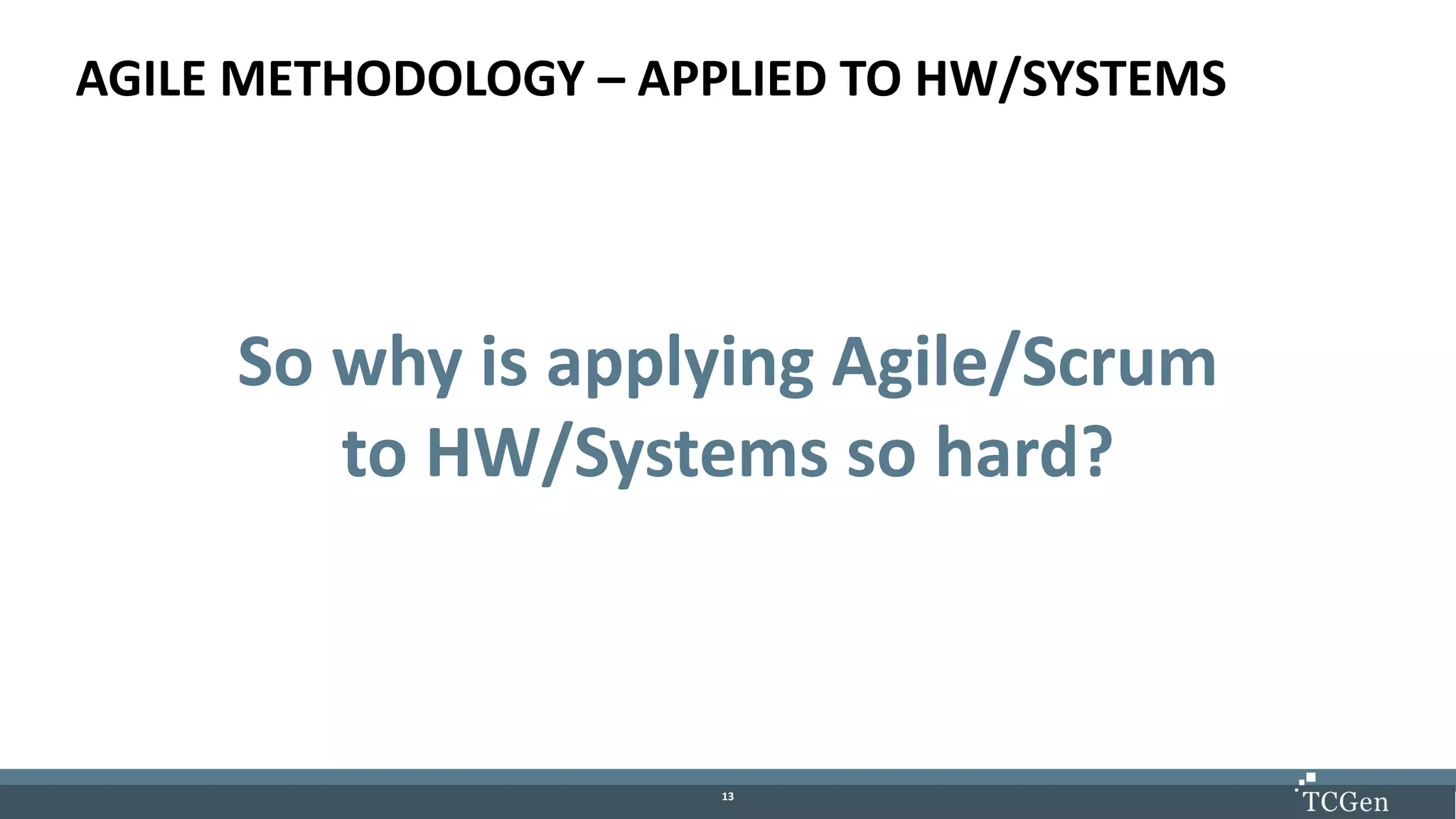 1313
AGILE METHODOLOGY – APPLIED TO HW/SYSTEMS
So why is applying Agile/Scrum
to HW/Systems so hard?
 