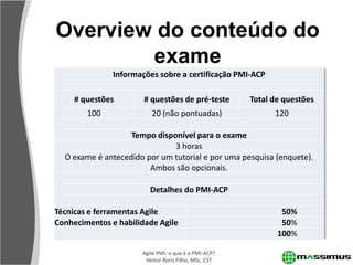 Overview do conteúdo do
        exame
               Informações sobre a certificação PMI-ACP

     # questões        # questões de pré-teste        Total de questões
        100              20 (não pontuadas)                 120

                   Tempo disponível para o exame
                              3 horas
  O exame é antecedido por um tutorial e por uma pesquisa (enquete).
                        Ambos são opcionais.

                         Detalhes do PMI-ACP

Técnicas e ferramentas Agile                                  50%
Conhecimentos e habilidade Agile                              50%
                                                             100%

                      Agile PMI: o que é a PMI-ACP?
                       Heitor Roriz Filho, MSc, CST
 