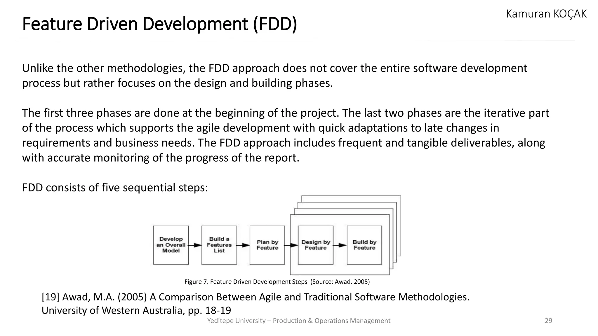Yeditepe University – Production & Operations Management 29
Feature Driven Development (FDD)
Kamuran KOÇAK
Unlike the other methodologies, the FDD approach does not cover the entire software development
process but rather focuses on the design and building phases.
The first three phases are done at the beginning of the project. The last two phases are the iterative part
of the process which supports the agile development with quick adaptations to late changes in
requirements and business needs. The FDD approach includes frequent and tangible deliverables, along
with accurate monitoring of the progress of the report.
FDD consists of five sequential steps:
[19] Awad, M.A. (2005) A Comparison Between Agile and Traditional Software Methodologies.
University of Western Australia, pp. 18-19
Figure 7. Feature Driven Development Steps (Source: Awad, 2005)
 