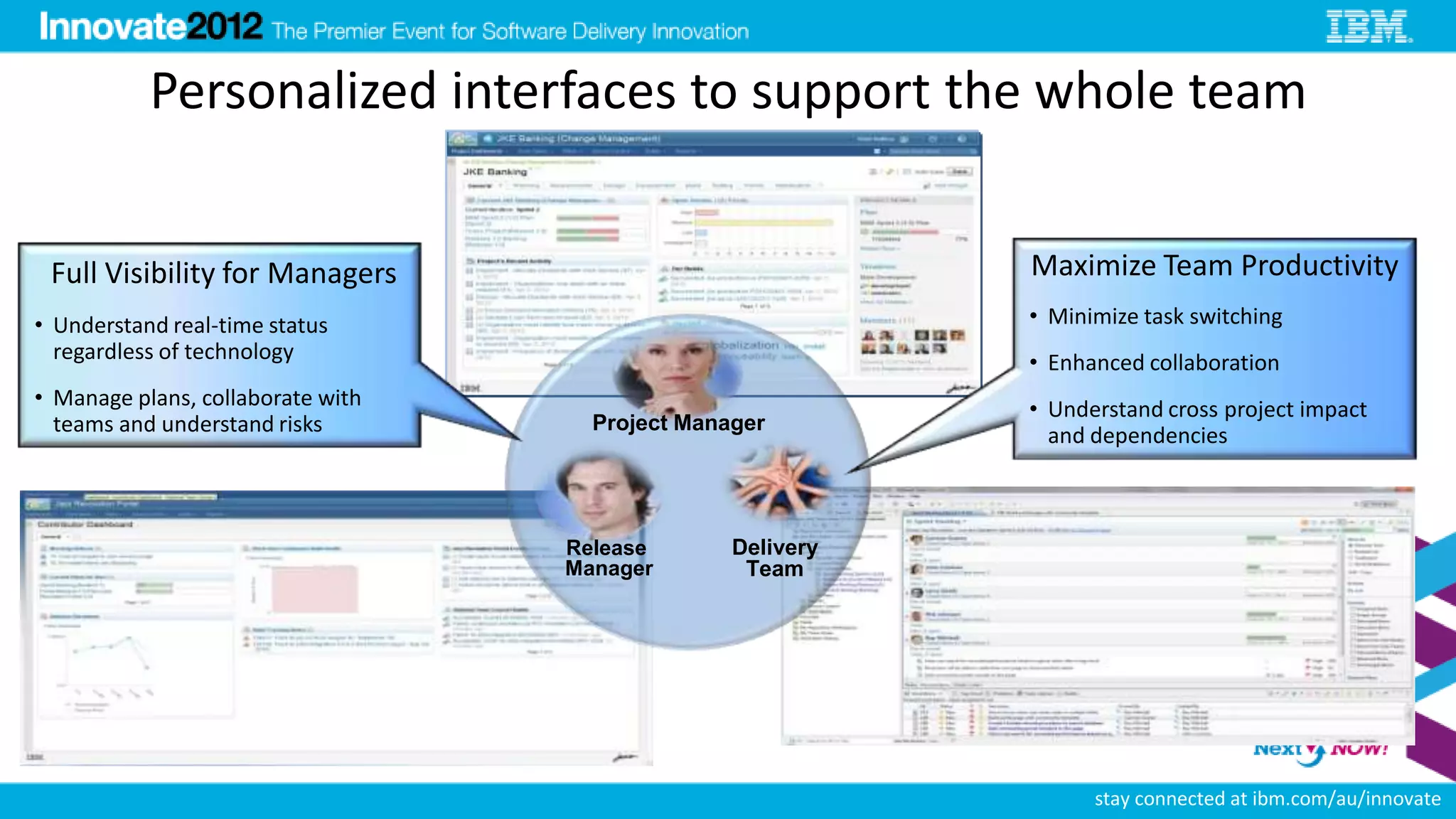 Personalized interfaces to support the whole team


 Full Visibility for Managers                               Maximize Team Productivity
• Understand real-time status                               • Minimize task switching
  regardless of technology                                  • Enhanced collaboration
• Manage plans, collaborate with                            • Understand cross project impact
  teams and understand risks         Project Manager
                                                              and dependencies



                                   Release       Delivery
                                   Manager        Team




                                                              14
                                                                   stay connected at ibm.com/au/innovate
 