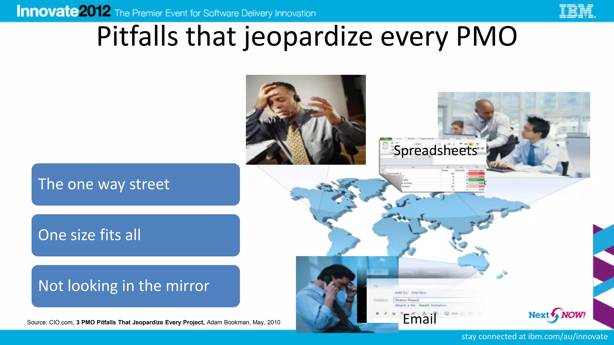 Pitfalls that jeopardize every PMO


                                                                                         Spreadsheets

   The one way street

   One size fits all

   Not looking in the mirror
Source: CIO.com, 3 PMO Pitfalls That Jeopardize Every Project, Adam Bookman, May, 2010    Email
                                                                                                  stay connected at ibm.com/au/innovate
 