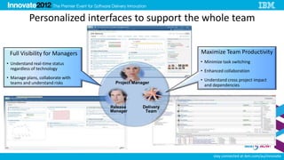 Personalized interfaces to support the whole team


 Full Visibility for Managers                               Maximize Team Productivity
• Understand real-time status                               • Minimize task switching
  regardless of technology                                  • Enhanced collaboration
• Manage plans, collaborate with                            • Understand cross project impact
  teams and understand risks         Project Manager
                                                              and dependencies



                                   Release       Delivery
                                   Manager        Team




                                                              14
                                                                   stay connected at ibm.com/au/innovate
 