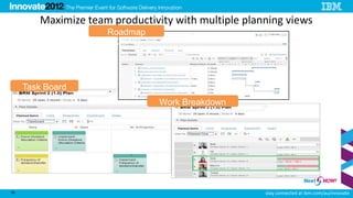 Maximize team productivity with multiple planning views
                     Roadmap
                      (Gantt)




     Task Board
                                Work Breakdown




19                                                   stay connected at ibm.com/au/innovate
 