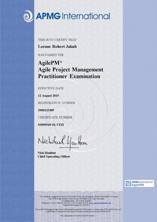 Agile PM Practitioner Certification - Robert Loranc