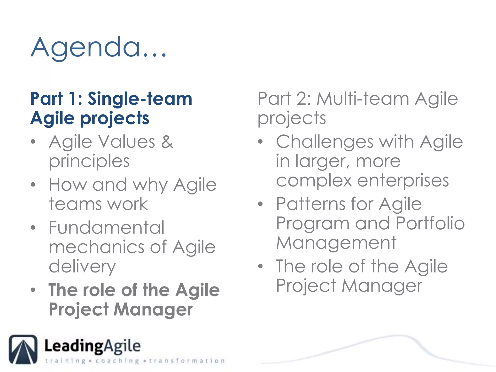 Agenda…	Part 1: Single-team Agile projectsAgile Values & principlesHow and why Agile teams workFundamental mechanics of Agile delivery The role of the Agile Project ManagerPart 2: Multi-team Agile projects Challenges with Agile in larger, more complex enterprisesPatterns for Agile Program and Portfolio ManagementThe role of the Agile Project Manager