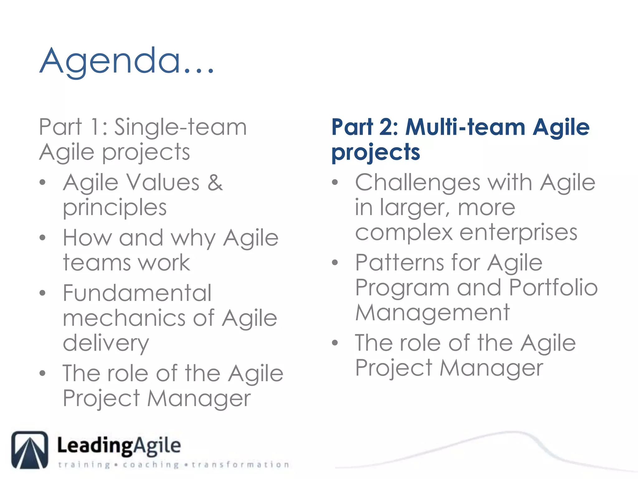 Agenda…	Part 1: Single-team Agile projectsAgile Values & principlesHow and why Agile teams workFundamental mechanics of Agile delivery The role of the Agile Project ManagerPart 2: Multi-team Agile projects Challenges with Agile in larger, more complex enterprisesPatterns for Agile Program and Portfolio ManagementThe role of the Agile Project Manager