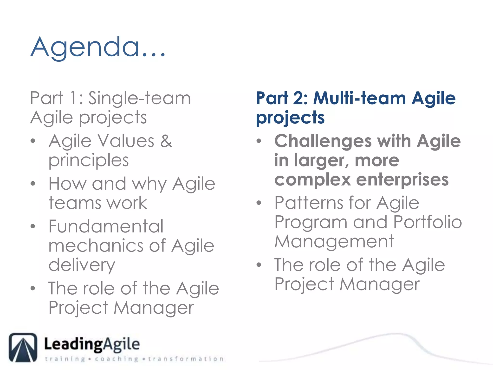 Agenda…	Part 1: Single-team Agile projectsAgile Values & principlesHow and why Agile teams workFundamental mechanics of Agile delivery The role of the Agile Project ManagerPart 2: Multi-team Agile projects Challenges with Agile in larger, more complex enterprisesPatterns for Agile Program and Portfolio ManagementThe role of the Agile Project Manager