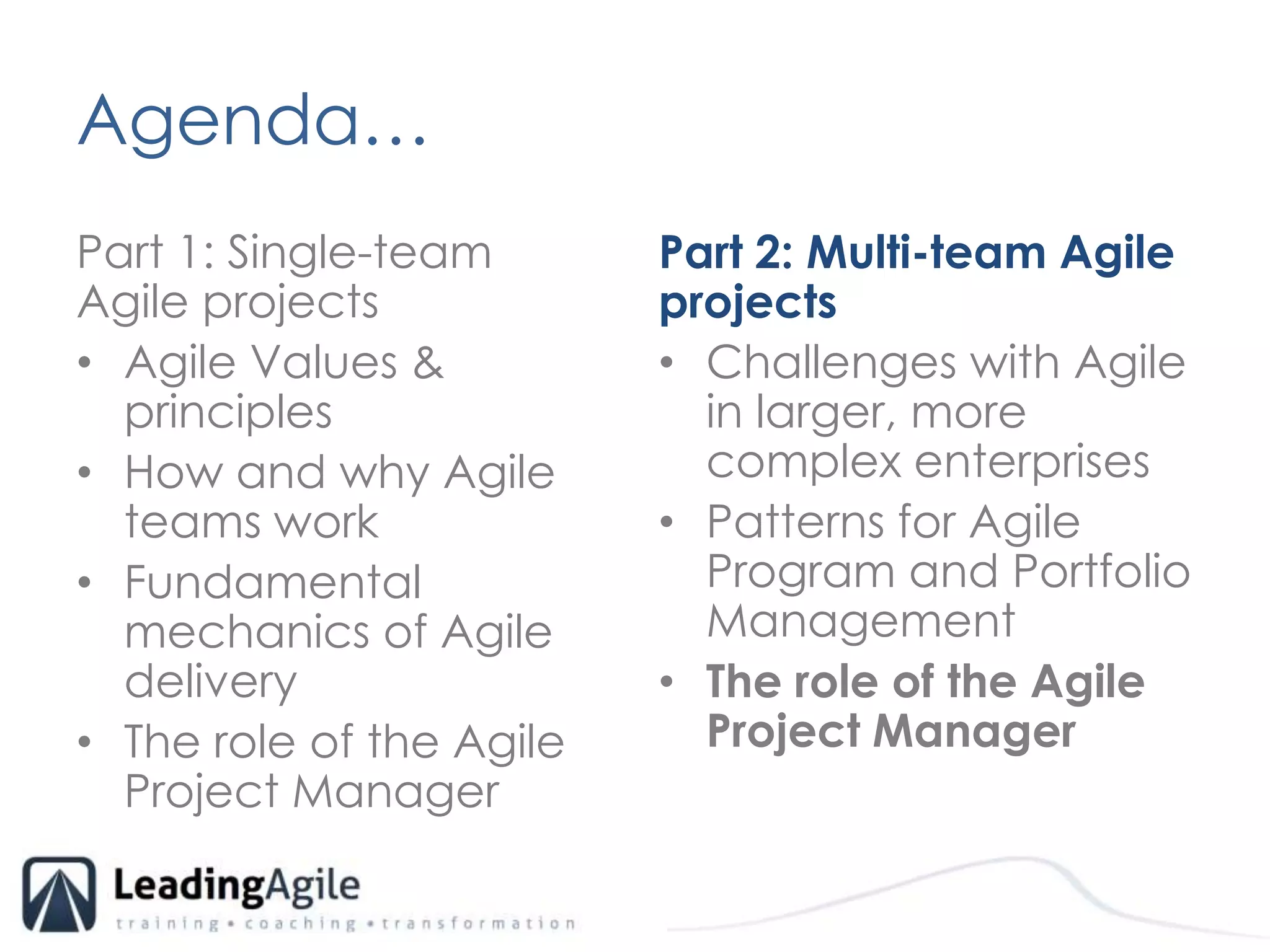 Agenda…	Part 1: Single-team Agile projectsAgile Values & principlesHow and why Agile teams workFundamental mechanics of Agile delivery The role of the Agile Project ManagerPart 2: Multi-team Agile projects Challenges with Agile in larger, more complex enterprisesPatterns for Agile Program and Portfolio ManagementThe role of the Agile Project Manager