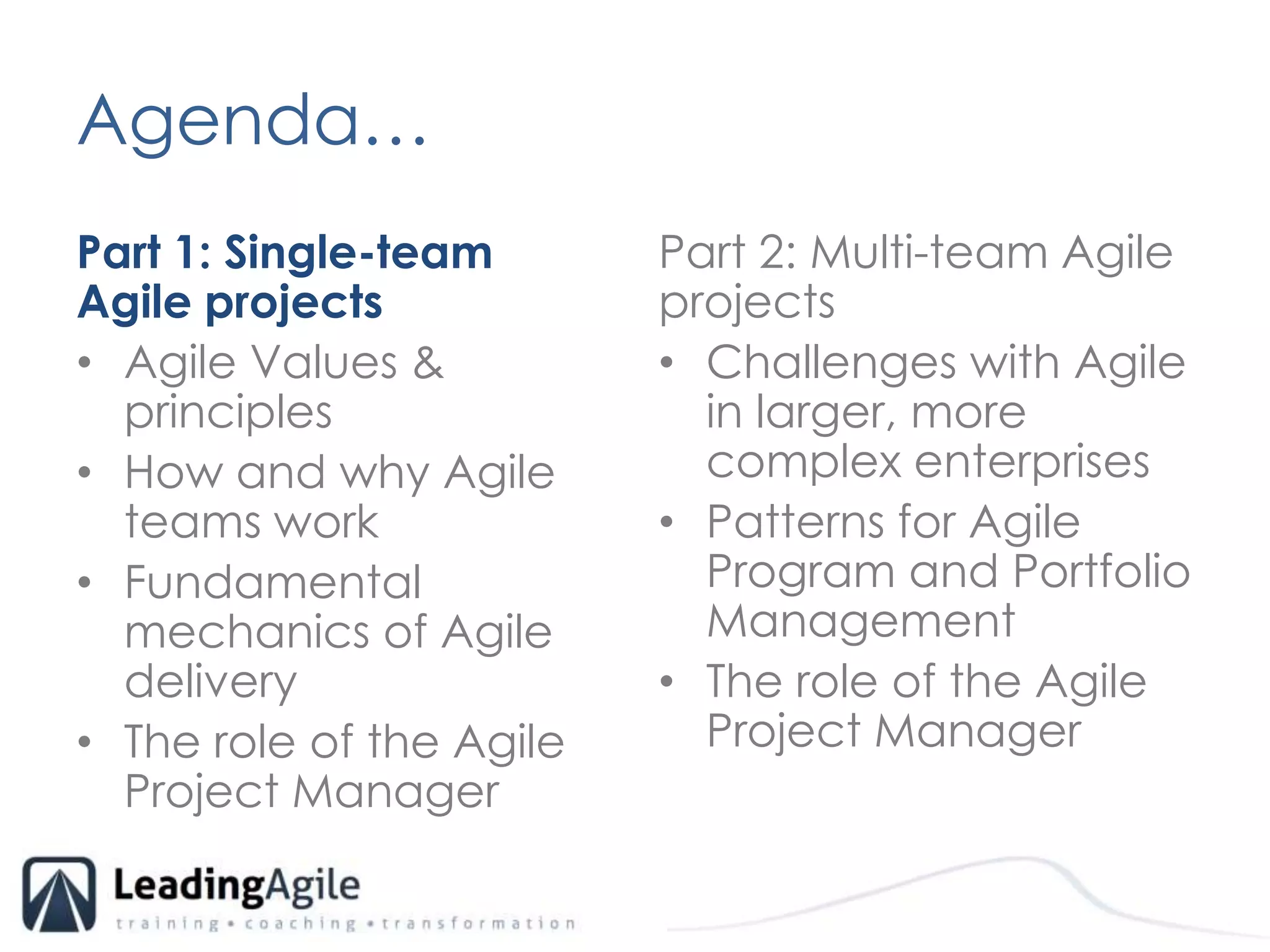 Agenda…	Part 1: Single-team Agile projectsAgile Values & principlesHow and why Agile teams workFundamental mechanics of Agile delivery The role of the Agile Project ManagerPart 2: Multi-team Agile projects Challenges with Agile in larger, more complex enterprisesPatterns for Agile Program and Portfolio ManagementThe role of the Agile Project Manager