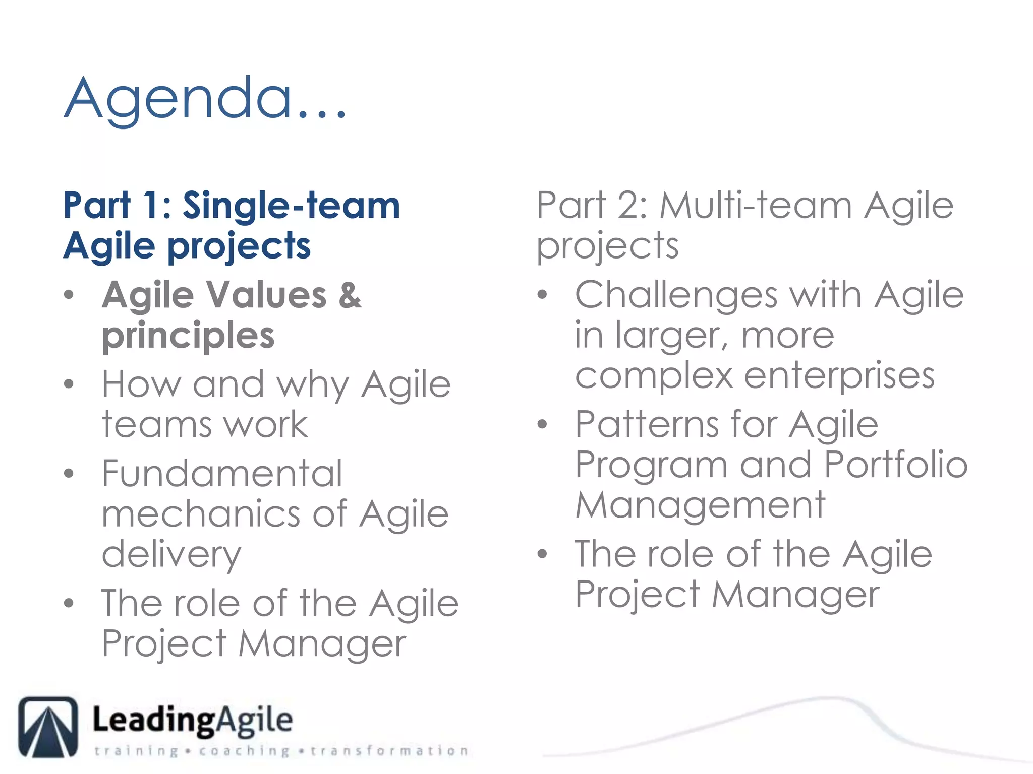 Agenda…	Part 1: Single-team Agile projectsAgile Values & principlesHow and why Agile teams workFundamental mechanics of Agile delivery The role of the Agile Project ManagerPart 2: Multi-team Agile projects Challenges with Agile in larger, more complex enterprisesPatterns for Agile Program and Portfolio ManagementThe role of the Agile Project Manager