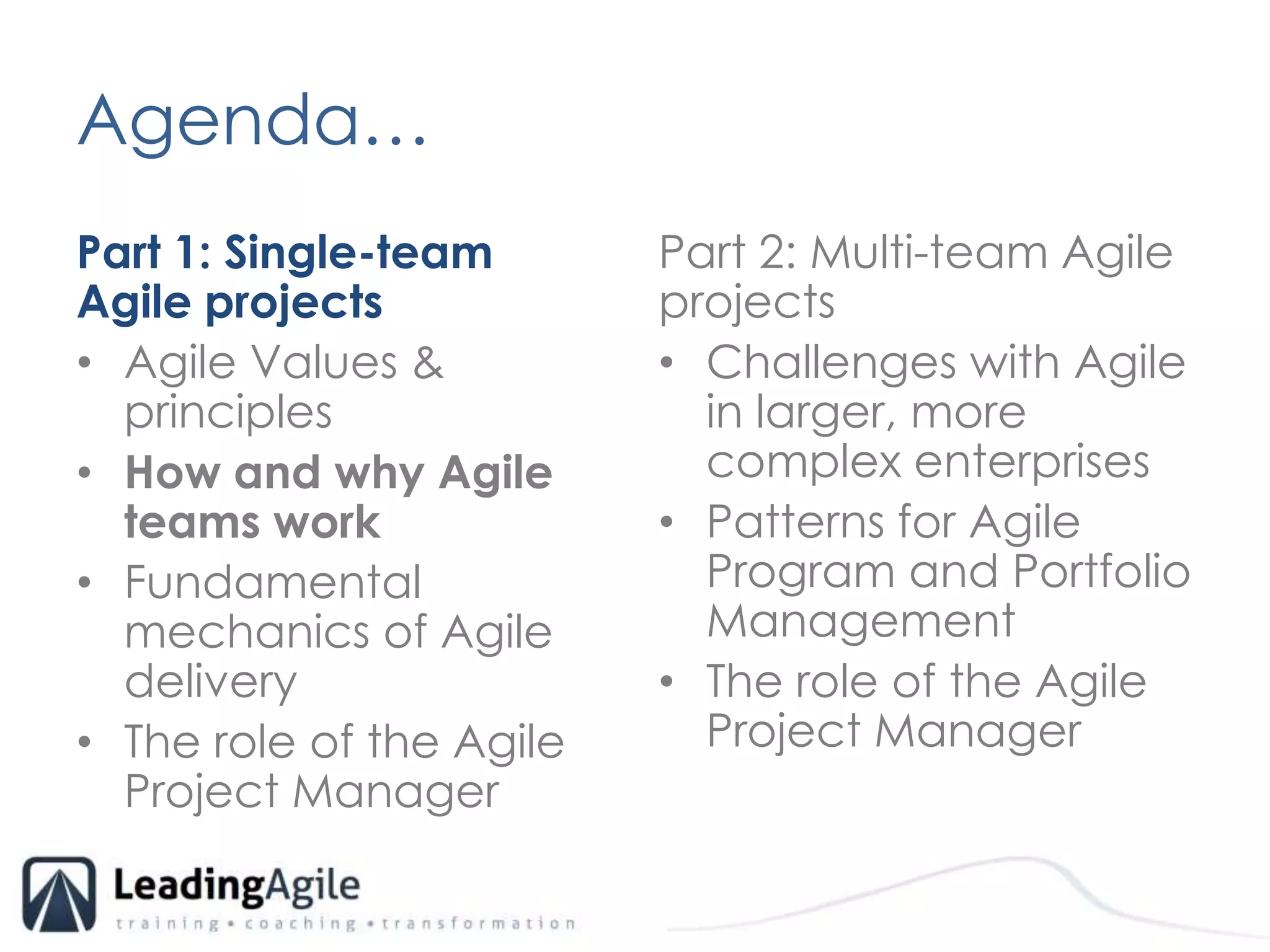 Agenda…	Part 1: Single-team Agile projectsAgile Values & principlesHow and why Agile teams workFundamental mechanics of Agile delivery The role of the Agile Project ManagerPart 2: Multi-team Agile projects Challenges with Agile in larger, more complex enterprisesPatterns for Agile Program and Portfolio ManagementThe role of the Agile Project Manager
