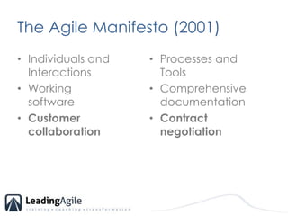 The Agile Manifesto (2001)<br />Individuals and Interactions<br />Working software 	<br />Customer collaboration<br />Proc...