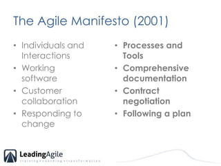 The Agile Manifesto (2001)<br />Individuals and Interactions<br />Working software 	<br />Customer collaboration<br />Resp...