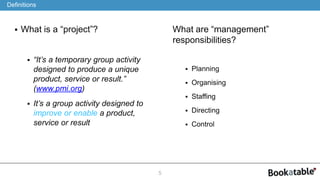  What is a “project”?
 “It’s a temporary group activity
designed to produce a unique
product, service or result.”
(www.pmi.org)
 It’s a group activity designed to
improve or enable a product,
service or result
What are “management”
responsibilities?
 Planning
 Organising
 Staffing
 Directing
 Control
5
Definitions
 