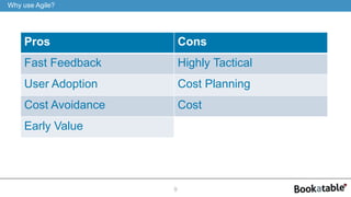 Pros Cons
Fast Feedback Highly Tactical
User Adoption Cost Planning
Cost Avoidance Cost
Early Value
9
Why use Agile?
 