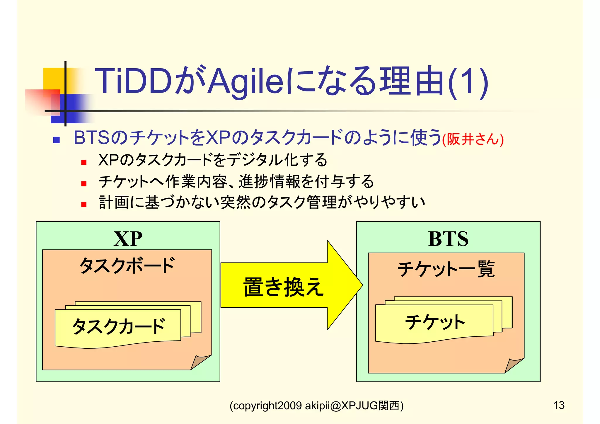 TiDDがAgileになる理由(1)
BTSのチケットをXPのタスクカードのように使う(阪井さん)
XPのタスクカードをデジタル化する
チケットへ作業内容、進捗情報を付与する
計画に基づかない突然のタスク管理がやりやすい

XP

BTS

タスクボード

チケット一覧

置き換え
チケット

タスクカード

(copyright2009 akipii@XPJUG関西)

13

 