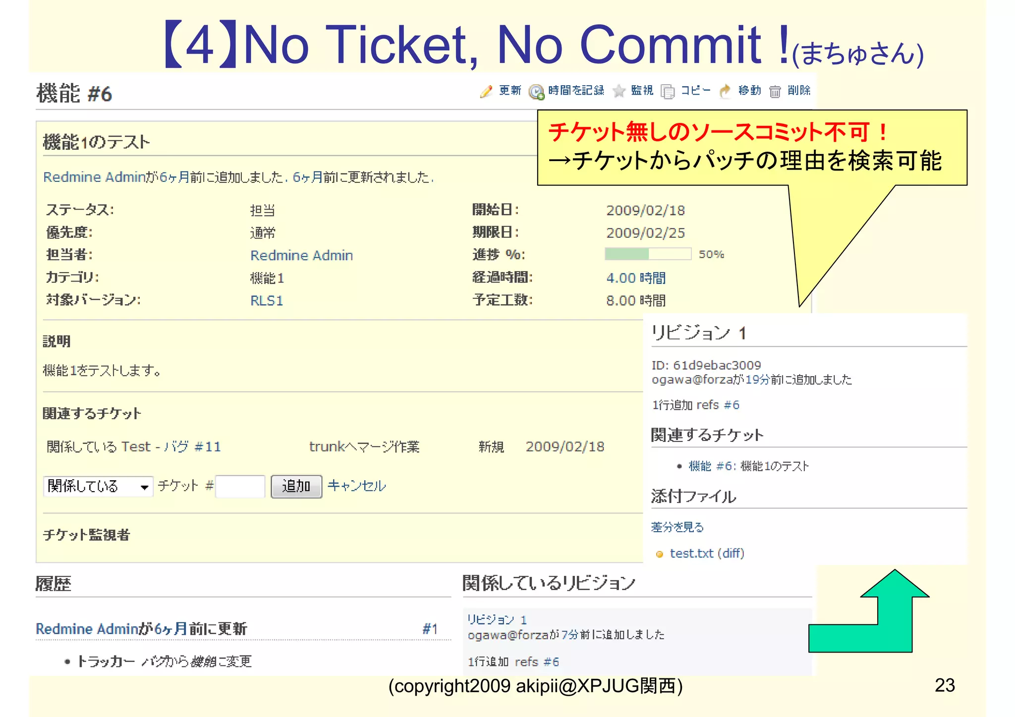 【4】No Ticket, No Commit !(まちゅさん)
チケット無しのソースコミット不可！
→チケットからパッチの理由を検索可能

(copyright2009 akipii@XPJUG関西)

23

 
