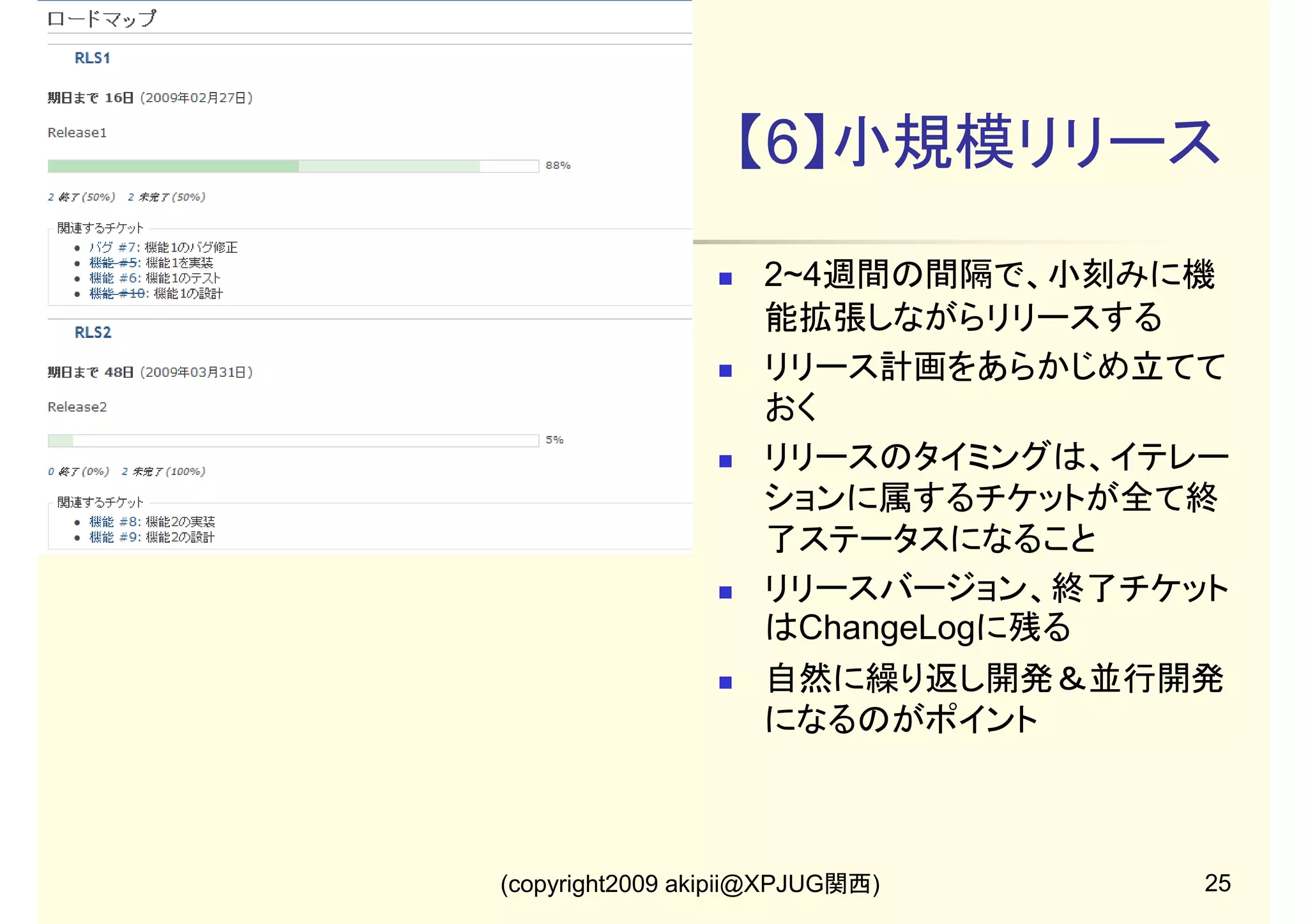 【6】小規模リリース
2~4週間の間隔で、小刻みに機
能拡張しながらリリースする
リリース計画をあらかじめ立てて
おく
リリースのタイミングは、イテレー
ションに属するチケットが全て終
了ステータスになること
リリースバージョン、終了チケット
はChangeLogに残る
自然に繰り返し開発＆並行開発
になるのがポイント

(copyright2009 akipii@XPJUG関西)

25

 
