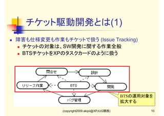 チケット駆動開発とは(1)
障害も仕様変更も作業もチケットで扱う (Issue Tracking)
チケットの対象は、SW開発に関する作業全般
BTSチケットをXPのタスクカードのように扱う

BTSの運用対象を
拡大する
(copyright2009 akipii@XPJUG関西)

10

 
