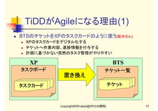 TiDDがAgileになる理由(1)
BTSのチケットをXPのタスクカードのように使う(阪井さん)
XPのタスクカードをデジタル化する
チケットへ作業内容、進捗情報を付与する
計画に基づかない突然のタスク管理がやりやすい

XP

BTS

タスクボード

チケット一覧

置き換え
チケット

タスクカード

(copyright2009 akipii@XPJUG関西)

13

 