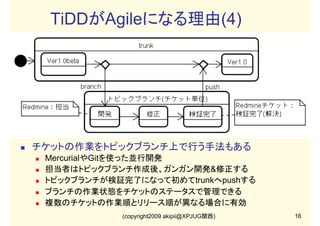 TiDDがAgileになる理由(4)

チケットの作業をトピックブランチ上で行う手法もある
MercurialやGitを使った並行開発
担当者はトピックブランチ作成後、ガンガン開発&修正する
トピックブランチが検証完了になって初めてtrunkへpushする
ブランチの作業状態をチケットのステータスで管理できる
複数のチケットの作業順とリリース順が異なる場合に有効
(copyright2009 akipii@XPJUG関西)

16

 