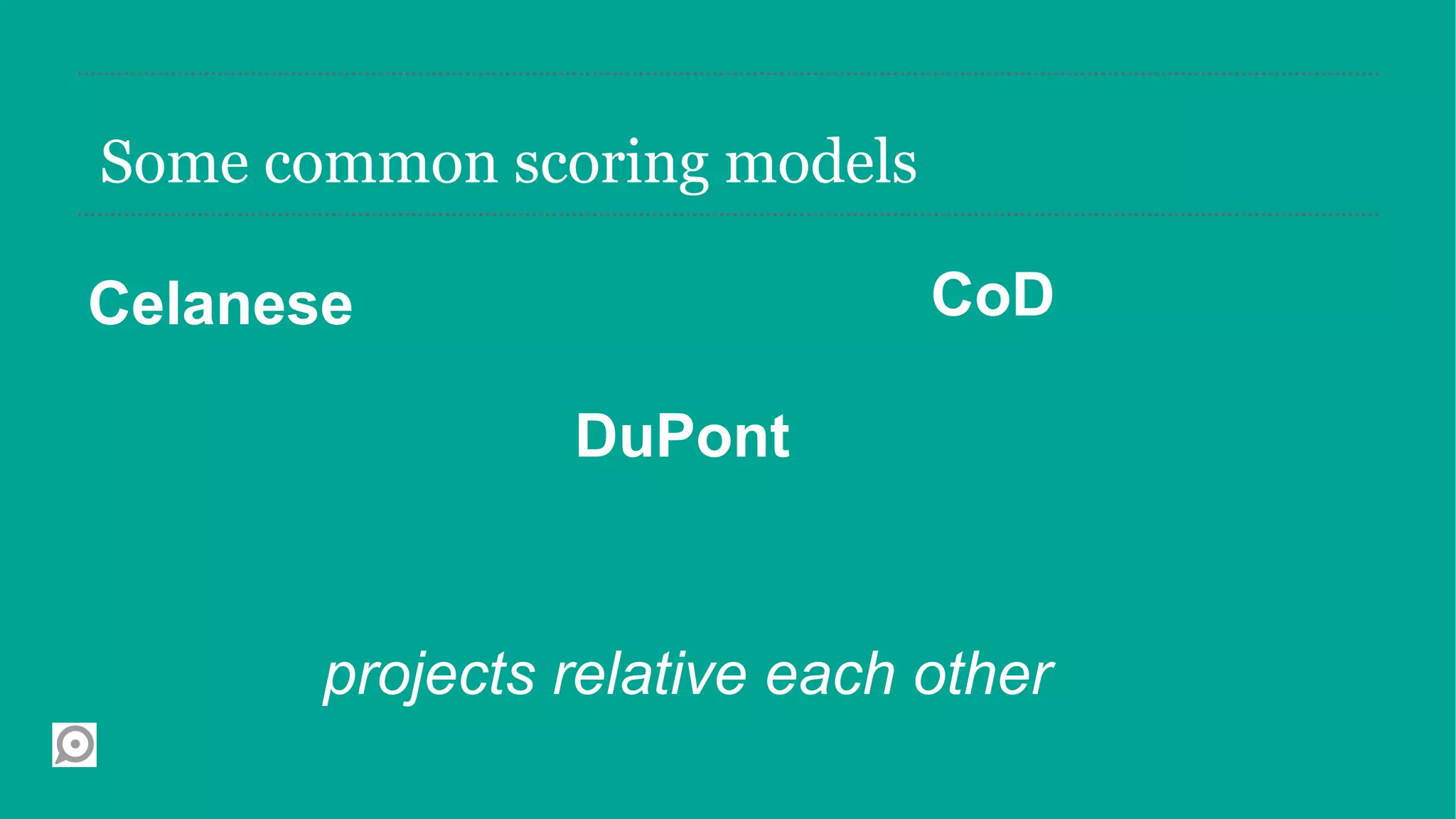 Some common scoring models

Celanese                      CoD

                DuPont


       projects relative each other
 