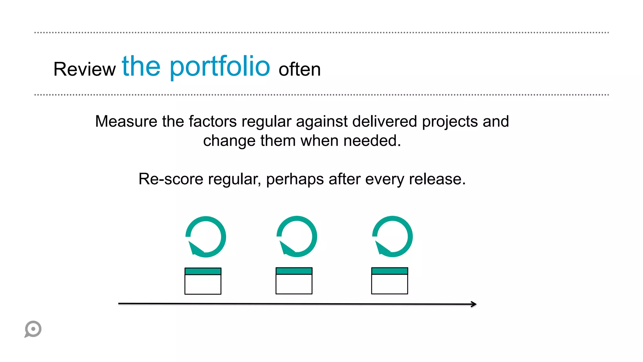 Review the   portfolio often
   Measure the factors regular against delivered projects and
                 change them when needed.

         Re-score regular, perhaps after every release.
 