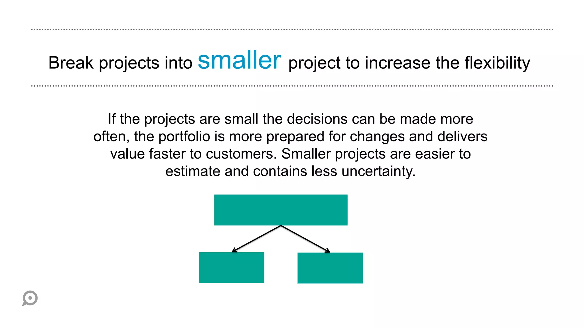 Break projects into smaller project to increase the flexibility


        If the projects are small the decisions can be made more
     often, the portfolio is more prepared for changes and delivers
         value faster to customers. Smaller projects are easier to
                  estimate and contains less uncertainty.
 