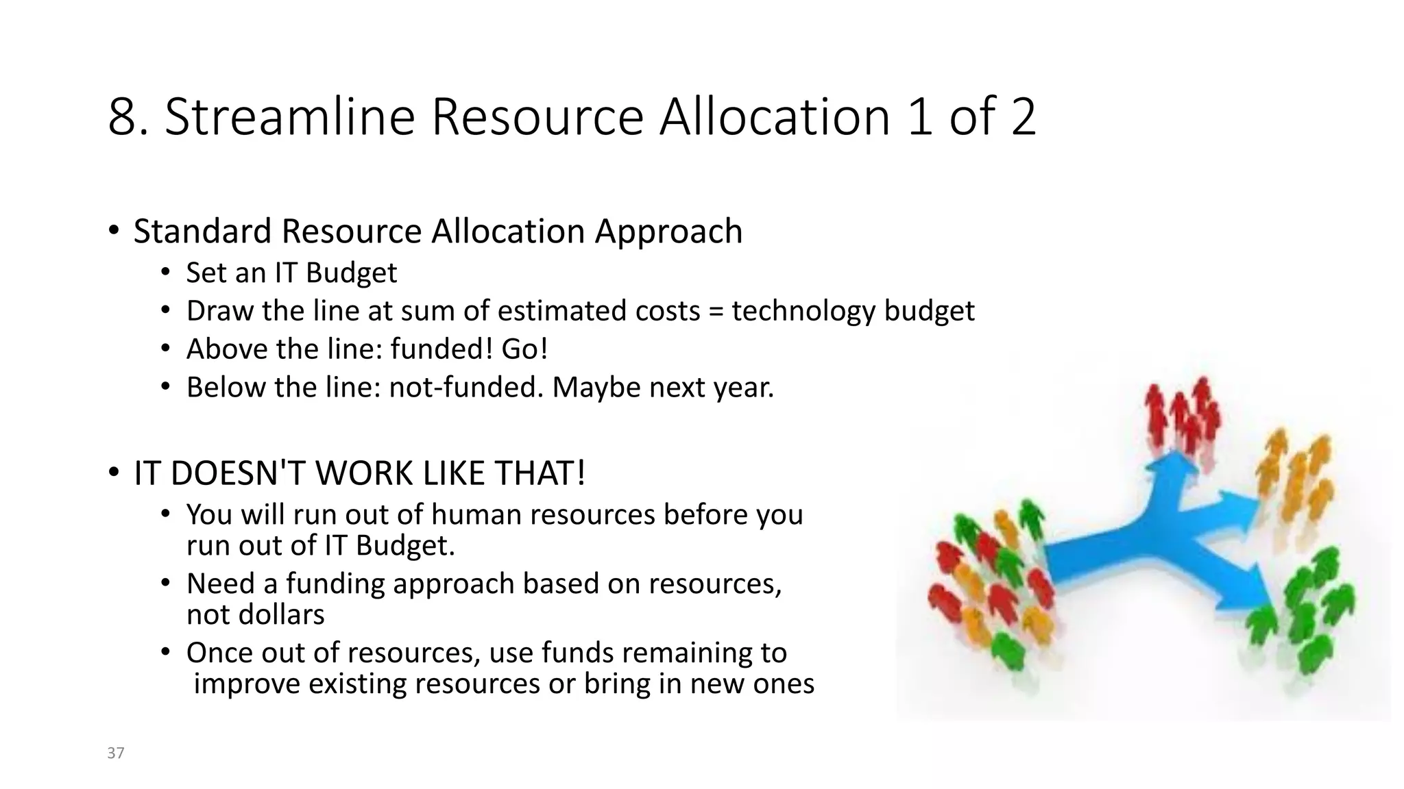 8. Streamline Resource Allocation 1 of 2
• Standard Resource Allocation Approach
• Set an IT Budget
• Draw the line at sum of estimated costs = technology budget
• Above the line: funded! Go!
• Below the line: not-funded. Maybe next year.
• IT DOESN'T WORK LIKE THAT!
• You will run out of human resources before you
run out of IT Budget.
• Need a funding approach based on resources,
not dollars
• Once out of resources, use funds remaining to
improve existing resources or bring in new ones
37
 
