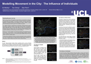 Ed Manley¹ Tao Cheng¹ Alan Penn²
¹ Department of Civil, Environmental and Geomatic Engineering, University College London, London UK [Edward.Manley.09@ucl.ac.uk]
² Bartlett School of Graduate Studies, University College London, London UK
Modelling Movement in the City
Within the urban context, collective patterns of human behaviour are fundamental in shaping the
nature and function of the city. Patterns and systems of movement through the city are shaped
by individual choice and knowledge. It is the actions of individuals, in this sense, determine the
appearance of damaging phenomena such congestion and crowding. Naturally, it is these
phenomena that are of most concern to those that maintain the function of the city, and seek to
ensure that transportation systems operate in the most efficient way possible.
Yet, in seeking to develop an understanding into these patterns, traditional approaches towards
the modelling of individual movement in the city remain relatively simplistic in their approach.
While numerous researchers in the fields of spatial cognition and urban planning (Golledge 1999,
Wiener & Mallot 2003, Hillier et al. 1993, Kuipers 1983) have sought to more comprehensively
describe the human route selection process, many conventional modelling approaches continue
to simulate individuals as though fixed to the shortest distance route, knowledgeable and
rejecting of all alternatives as they travel between origin and destination.
Reasons for the continued utilisation of the shortest path approach may be boiled down to two
key principles – one, the approach is intuitively approximate (despite contradictory evidence),
and two, it doesn’t matter very much. For, in a city with a static transport network, given set of
origins and destinations, and given set of individuals travelling at predetermined times, how much
variation in behaviour is feasibly possible?
This work seeks to reassess the importance the individual route selection process in establishing
a prediction of city-wide dynamics. This work looks at two elements of human behaviour in the
city – first, how individual route-choice strategy influences network patterns, and second, how
heterogeneity in spatial knowledge may also prove to hold an important influence.
The Influence of Spatial
Knowledge
Spatial knowledge is investigated through
simple reduction of the network route
search space for each individual. Rather
than all agents holding complete
knowledge of the road network, knowledge
is restricted to only 500 metres around the
origin and destination points, with
additional knowledge of only the main
routes outside of these zones.
From the results it is clear that the
restriction agents’ cognitive maps is
important determining network flows.
Further, the extent of knowledge plays an
additional role in influencing traffic flow,
suggesting the need for consideration of
the latent heterogeneity in spatial
knowledge.
Method
This work utilises multi-agent simulation (MAS) to realistically explore a range of alternative
scenarios. The MAS focuses on an area of almost 20000 road links in Central London. The time
period chosen for this simulation is 30 minutes during a weekday morning peak period, during this
time 15000 agents are dispatched within this area of London. The relationship between agent
behaviour and macroscopic processes is described in the image below (Manley et al 2012):
The Base Case: Shortest Distance Path, Complete Knowledge
This map visualises traffic flow across the study area, where each individual
agent selects their route between origin and destination according to a
principle of shortest distance path. All individuals are knowledgeable of the
complete road network, selecting only that which best achieves this
specification. Data from this simulation will be used as the base case in
comparing against alternative representations of agent behaviour.
The Influence of Route Choice
The influence of individual route choice on determining
the distribution of traffic flows across the study area was
conducted through three scenarios. In each scenario,
the method by which individuals select their route is
altered from the shortest distance path utilised in the
base case. All other attributes – those relating to origin-
destination distribution, knowledge of the road network,
simulation time period – remain the same as in the base
case simulation.
The maps to the right show the differences observed
from the original in response to this change in behaviour.
The colours in each image represent standard deviations
away from the mean change in flow on every link, where
the mean for all links is near to zero. A stronger red
shows an increase in flow, with respect to the base case
– up to 2.5 standard deviations above the mean – and a
stronger blue shade shows a reduction in flow – down to
1.5 standard deviations below the mean. A grey colour
indicates little variation around the mean (-0.5 to 0.5
standard deviation).
The results indicate that a simple change in individual
routing behaviour leads to some significantly altered
distributions in traffic flow. The key findings may be
summarised as follows:
• In the case of the least time routing strategy, there is a
clear shift onto the faster routes, indicated in red, with
a reduction in traffic flow in subsidiary routes.
• The least angular deviation scenario demonstrates an
apparent stronger redistribution of traffic around the
network, albeit to a different selection of routes.
• Finally, the results from the least turn strategy again
show a different type of traffic redistribution, albeit at a
reduced scale. This reduction may be accounted for
by the inclusion of distance within the choice function.
The Influence of Individuals
The results from these simulations illustrate the impact that changes in individual routing behaviour
can have on network flows, despite the presence of static conditions and trip distributions. While it is
not yet known the full range of behavioural heterogeneity in respect to spatial knowledge and routing
strategy. it has been possible to demonstrate the importance of fully considering alternative
representations of individual behaviour. Simple alterations to the way in which individuals act in
completing their journey within the city can significantly alter our understanding and predictive power.
Further work will consider travel time and road congestion, specifically how congestion forms in
space and time according to the definition of the agent behaviour.
Least Time Strategy
Least Angular Strategy
Least Turn Strategy
500m Cognitive Map
1000m Cognitive Map
References Golledge, RG (Ed.). 1999. Wayfinding Behavior: Cognitive Mapping and Other Spatial Processes. Johns Hopkins University Press.
Hillier B, Penn A, Hanson J, Grajewski T, Xu J. 1993. Natural movement: or, configuration and attraction in urban pedestrian movement. Environment and
Planning B: Planning and Design 20:29-66.
Kuipers, B. 1983. The cognitive map: Could it have been any other way? In Jr. H. L. Pick and L. P. Acredolo, eds., Spatial Orientation: Theory,
Research, and Application. Plenum Press, New York.
Manley EJ, Cheng T, Penn A, Emmonds A. 2012. Integrating Agent-based Models with Macroscopic Traffic Simulation. Computers Environment and
Urban Systems (to be published).
Wiener, JM & Mallot, HA. 2003. `Fine-to-coarse' route planning and navigation in regionalized environments. Spatial Cognition and Computation 3:331-
358.
 