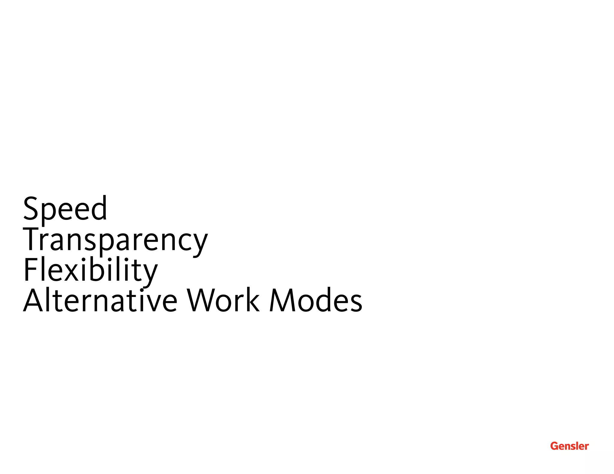 Speed
Transparency
Flexibility
Alternative Work Modes
 