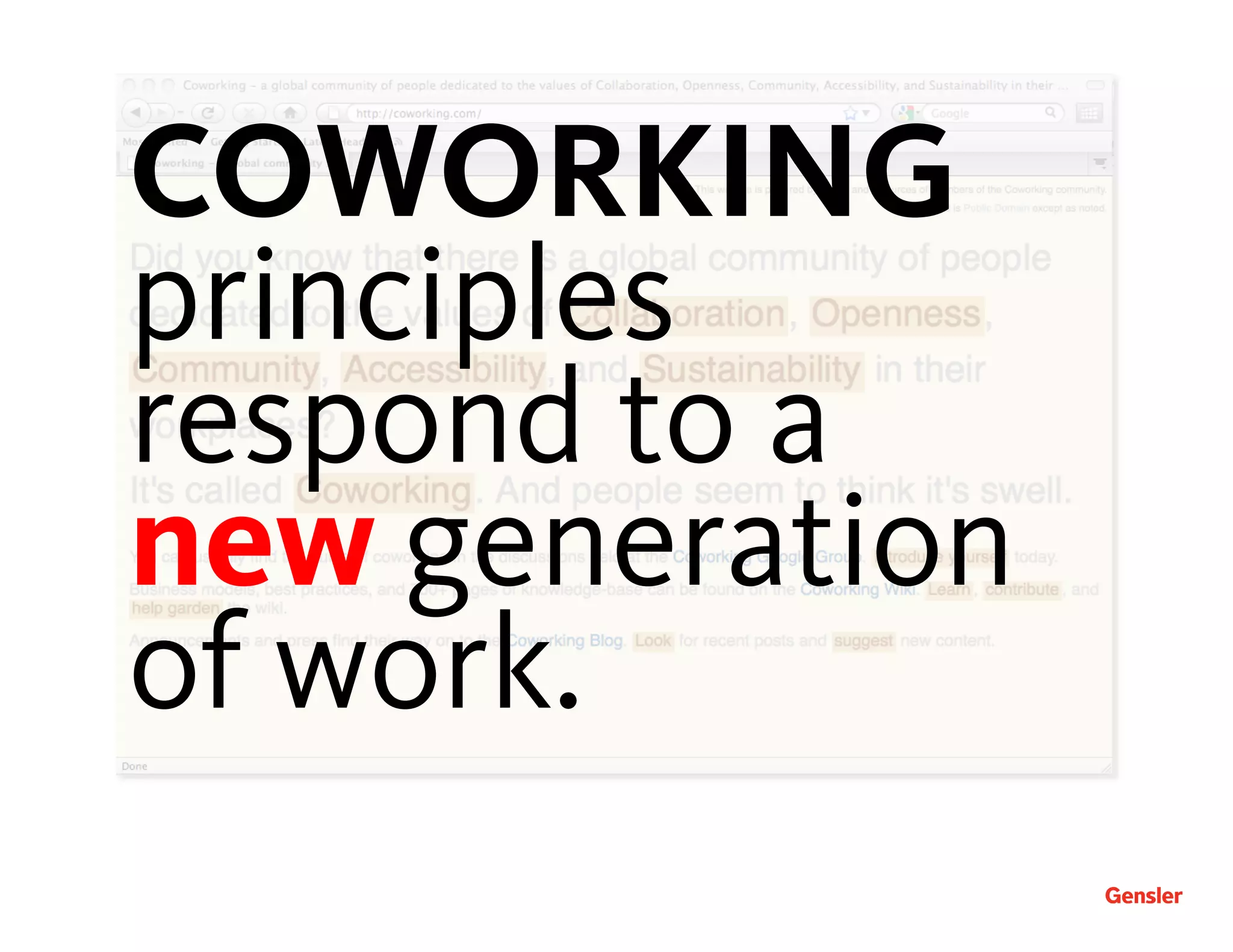 COWORKING
principles
respond to a
new generation
of work.
 