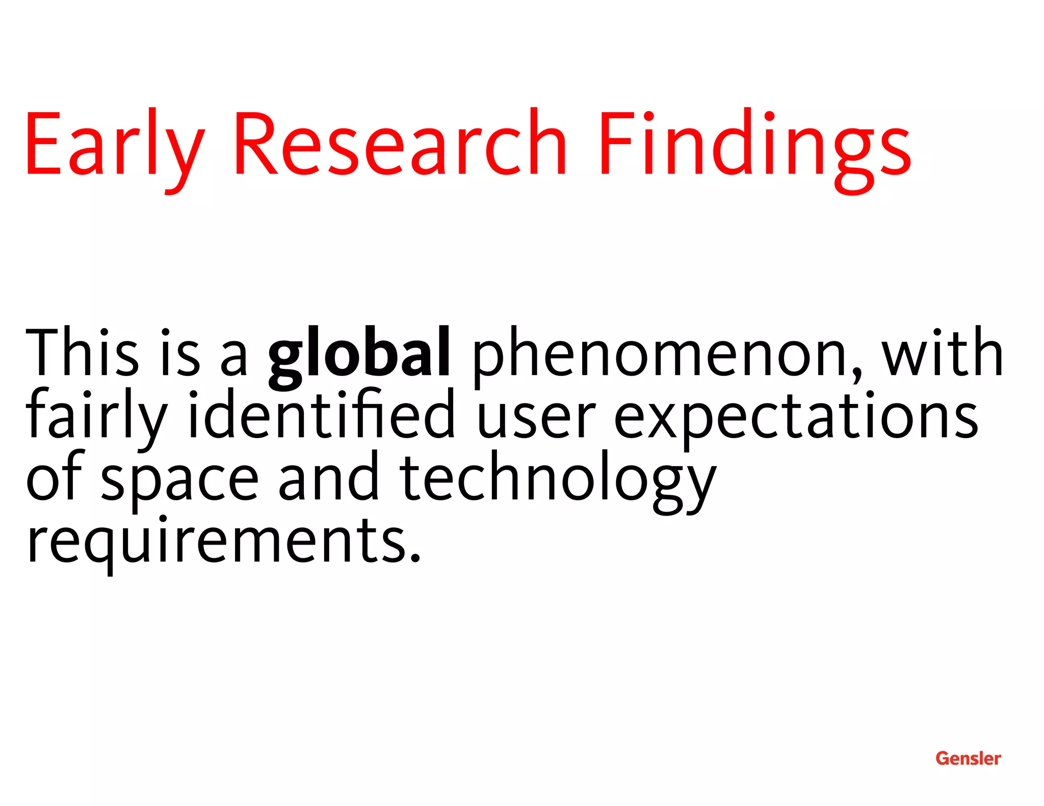 This is a global phenomenon, with
fairly identiﬁed user expectations
of space and technology
requirements.
Early Research Findings 
 