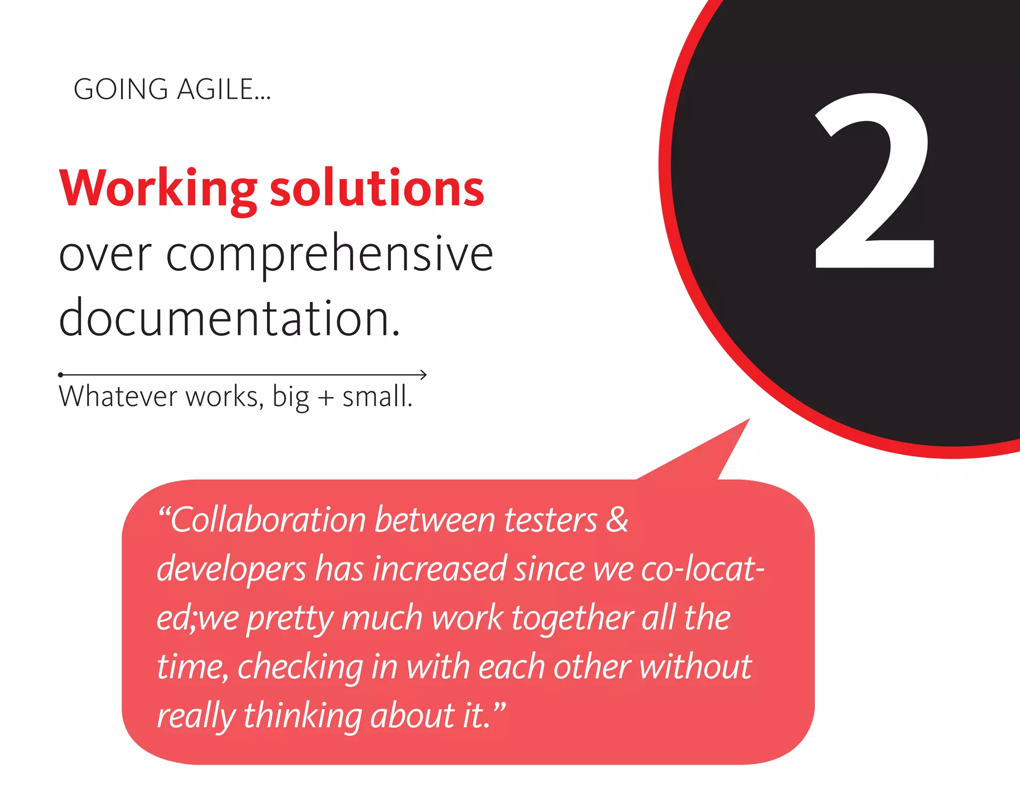 GOING AGILE...
2Working solutions
over comprehensive
documentation.
Whatever works, big + small.
“Collaboration between testers &
developers has increased since we co-locat-
ed;we pretty much work together all the
time, checking in with each other without
really thinking about it.”
 