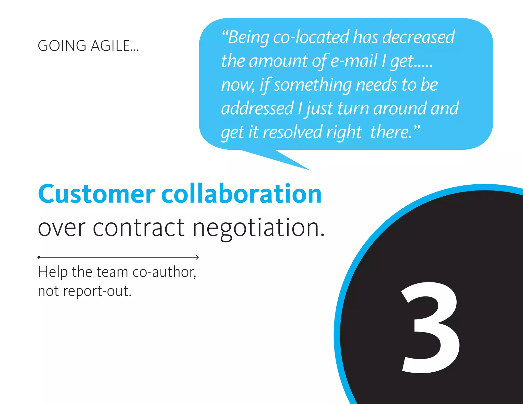 GOING AGILE...
Customer collaboration
over contract negotiation.
Help the team co-author,
not report-out.
“Being co-located has decreased
the amount of e-mail I get.....
now, if something needs to be
addressed I just turn around and
get it resolved right there.”
3
 