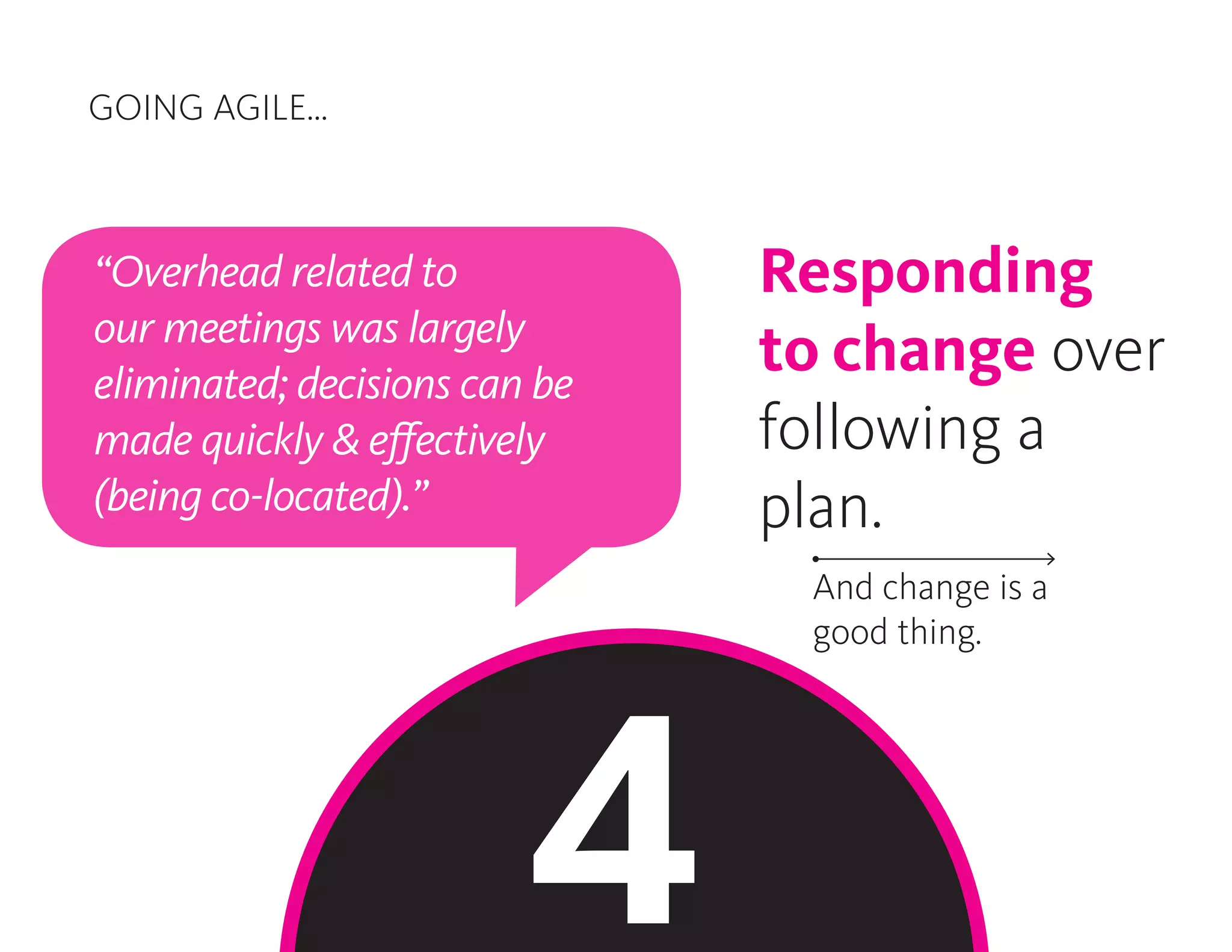 GOING AGILE...
Responding
to change over
following a
plan.
And change is a
good thing.
“Overhead related to
our meetings was largely
eliminated; decisions can be
made quickly & effectively
(being co-located).”
4
 