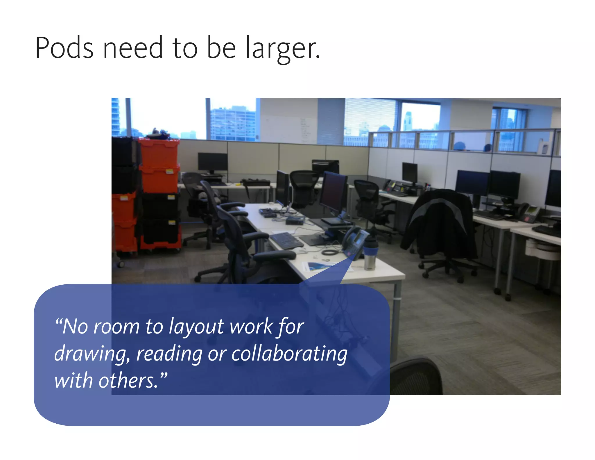 Pods need to be larger.
“No room to layout work for
drawing, reading or collaborating
with others.”
 