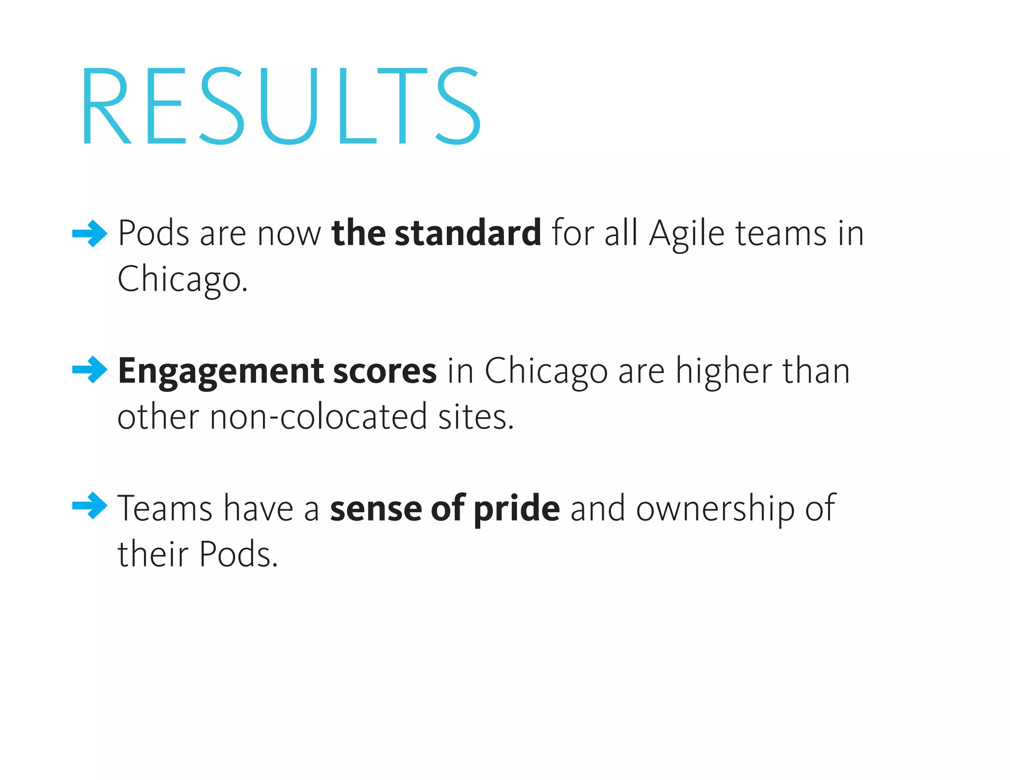 RESULTS
Pods are now the standard for all Agile teams in
Chicago.
Engagement scores in Chicago are higher than
other non-colocated sites.
Teams have a sense of pride and ownership of
their Pods.
 