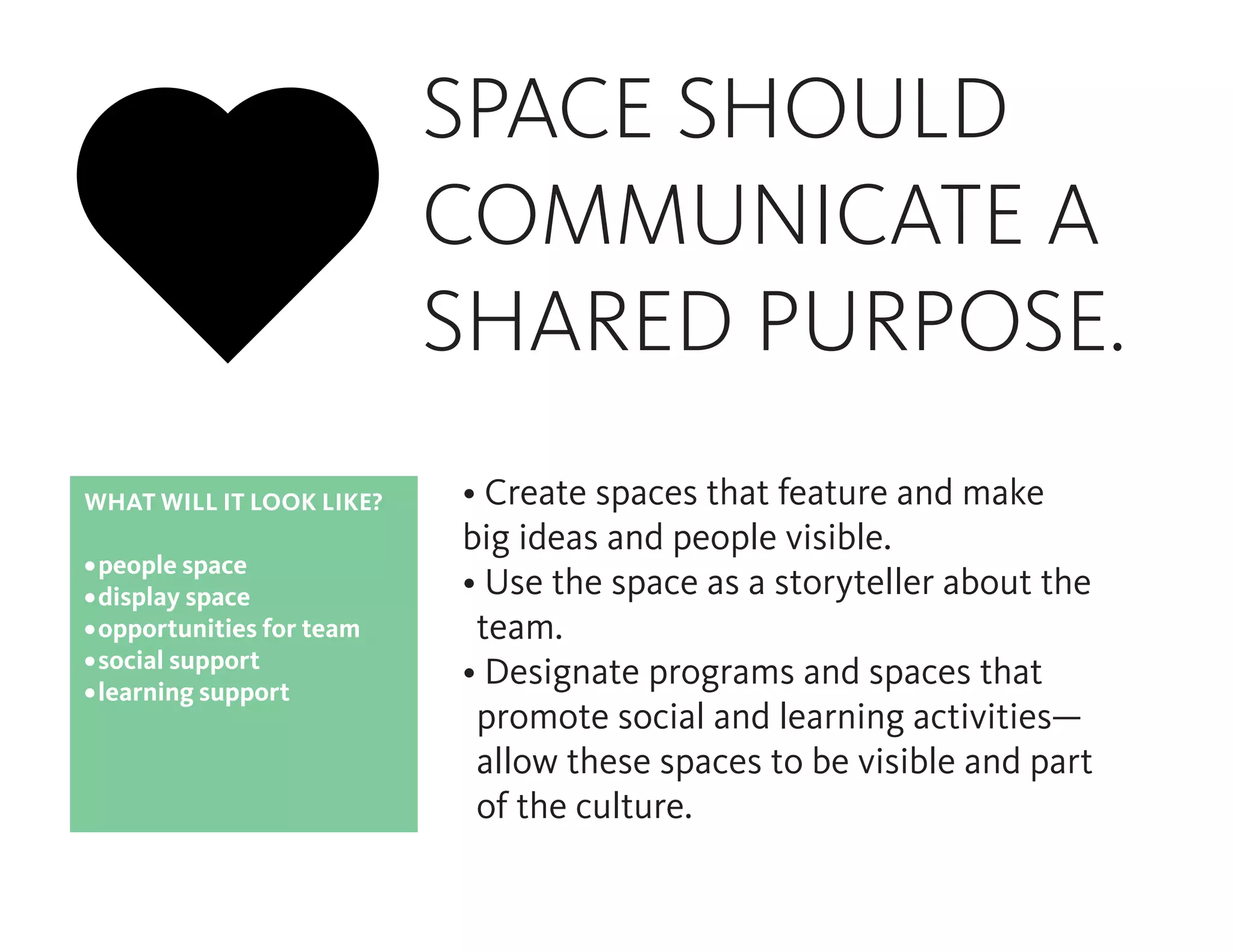 SPACE SHOULD
COMMUNICATE A
SHARED PURPOSE.
WHAT WILL IT LOOK LIKE?
•	people space
•	display space
•	opportunities for team
•	social support
•	learning support
• Create spaces that feature and make
big ideas and people visible.
• Use the space as a storyteller about the
team.
• Designate programs and spaces that
promote social and learning activities—
allow these spaces to be visible and part
of the culture.
 
