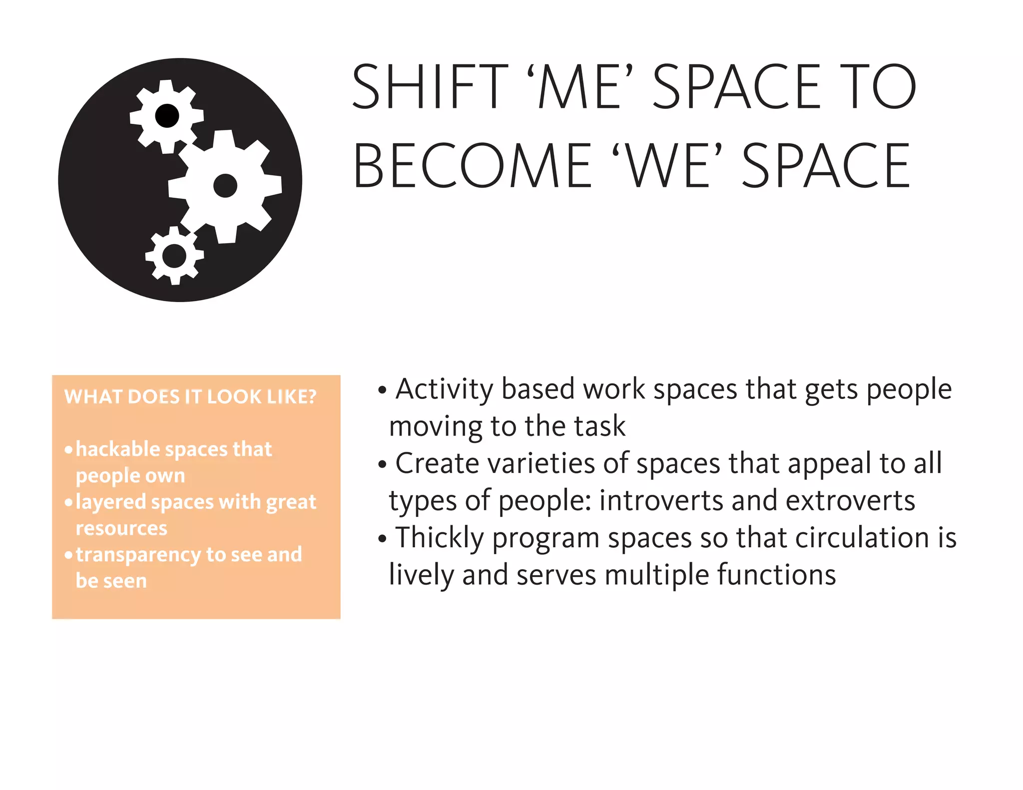SHIFT ‘ME’ SPACE TO
BECOME ‘WE’ SPACE
WHAT DOES IT LOOK LIKE?
•	hackable spaces that
people own
•	layered spaces with great
resources
•	transparency to see and
be seen
• Activity based work spaces that gets people
moving to the task
• Create varieties of spaces that appeal to all
types of people: introverts and extroverts
• Thickly program spaces so that circulation is
lively and serves multiple functions
 