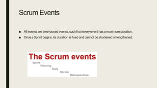 ScrumEvents
■ All eventsare time-boxed events,suchthat every event hasamaximum duration.
■ OnceaSprint begins,its duration isfixed and cannotbe shortened or lengthened.
 