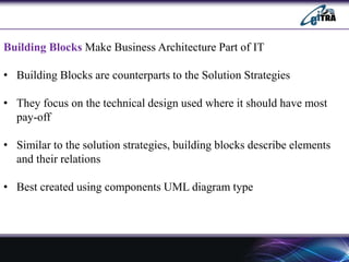 Building Blocks Make Business Architecture Part of IT
• Building Blocks are counterparts to the Solution Strategies
• They focus on the technical design used where it should have most
pay-off
• Similar to the solution strategies, building blocks describe elements
and their relations
• Best created using components UML diagram type
 
