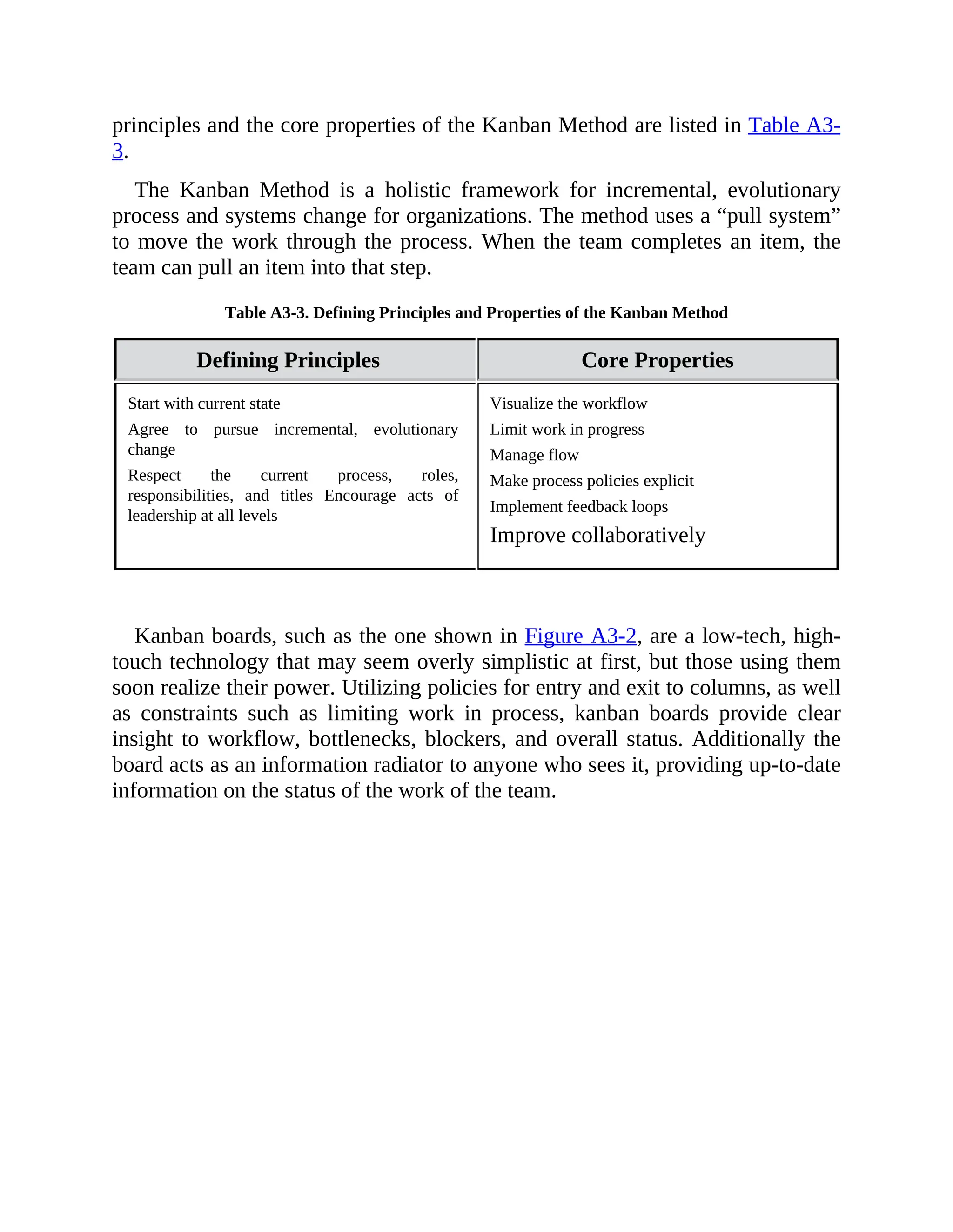 principles and the core properties of the Kanban Method are listed in Table A3-
3.
The Kanban Method is a holistic framework for incremental, evolutionary
process and systems change for organizations. The method uses a “pull system”
to move the work through the process. When the team completes an item, the
team can pull an item into that step.
Table A3-3. Defining Principles and Properties of the Kanban Method
Defining Principles Core Properties
Start with current state
Agree to pursue incremental, evolutionary
change
Respect the current process, roles,
responsibilities, and titles Encourage acts of
leadership at all levels
Visualize the workflow
Limit work in progress
Manage flow
Make process policies explicit
Implement feedback loops
Improve collaboratively
Kanban boards, such as the one shown in Figure A3-2, are a low-tech, high-
touch technology that may seem overly simplistic at first, but those using them
soon realize their power. Utilizing policies for entry and exit to columns, as well
as constraints such as limiting work in process, kanban boards provide clear
insight to workflow, bottlenecks, blockers, and overall status. Additionally the
board acts as an information radiator to anyone who sees it, providing up-to-date
information on the status of the work of the team.
 