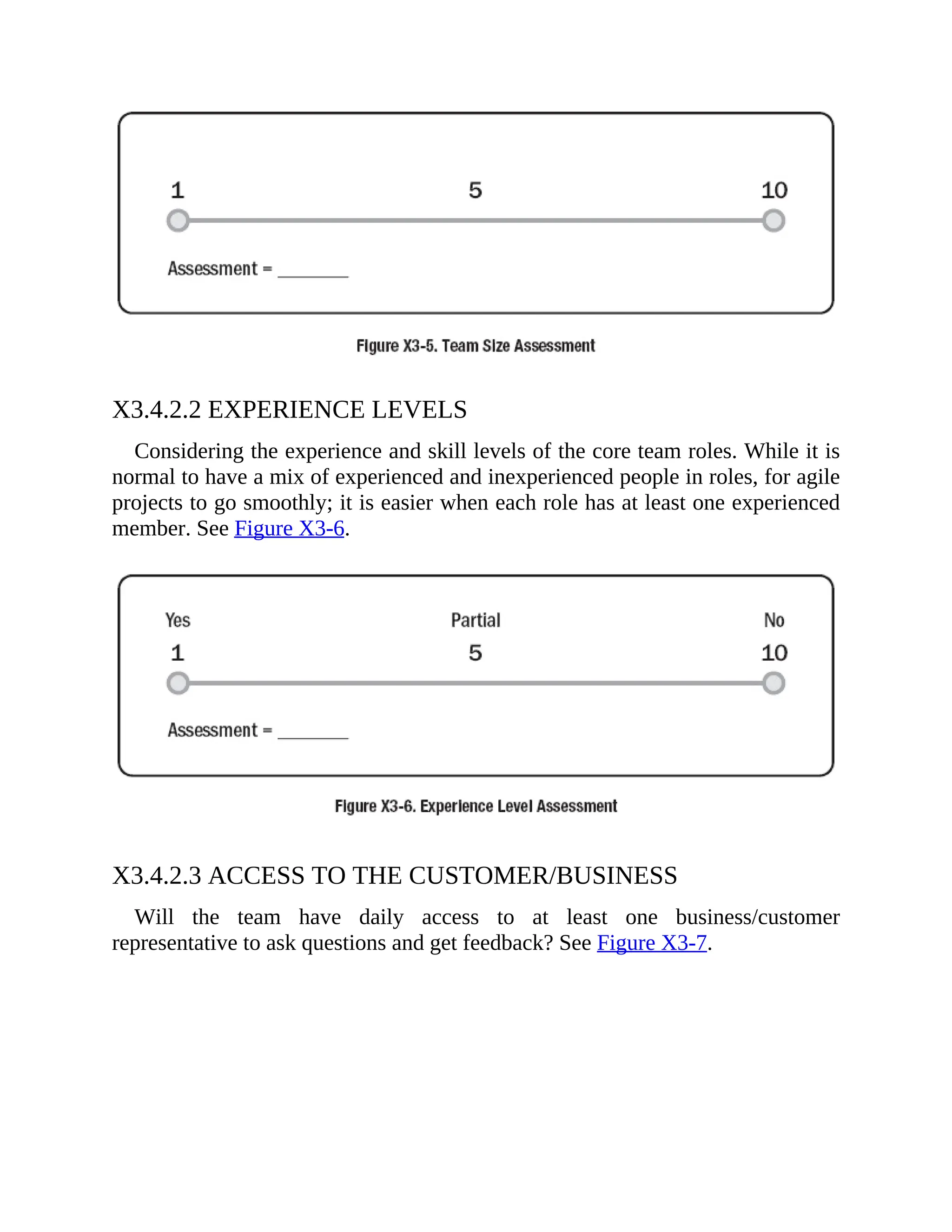 X3.4.2.2 EXPERIENCE LEVELS
Considering the experience and skill levels of the core team roles. While it is
normal to have a mix of experienced and inexperienced people in roles, for agile
projects to go smoothly; it is easier when each role has at least one experienced
member. See Figure X3-6.
X3.4.2.3 ACCESS TO THE CUSTOMER/BUSINESS
Will the team have daily access to at least one business/customer
representative to ask questions and get feedback? See Figure X3-7.
 