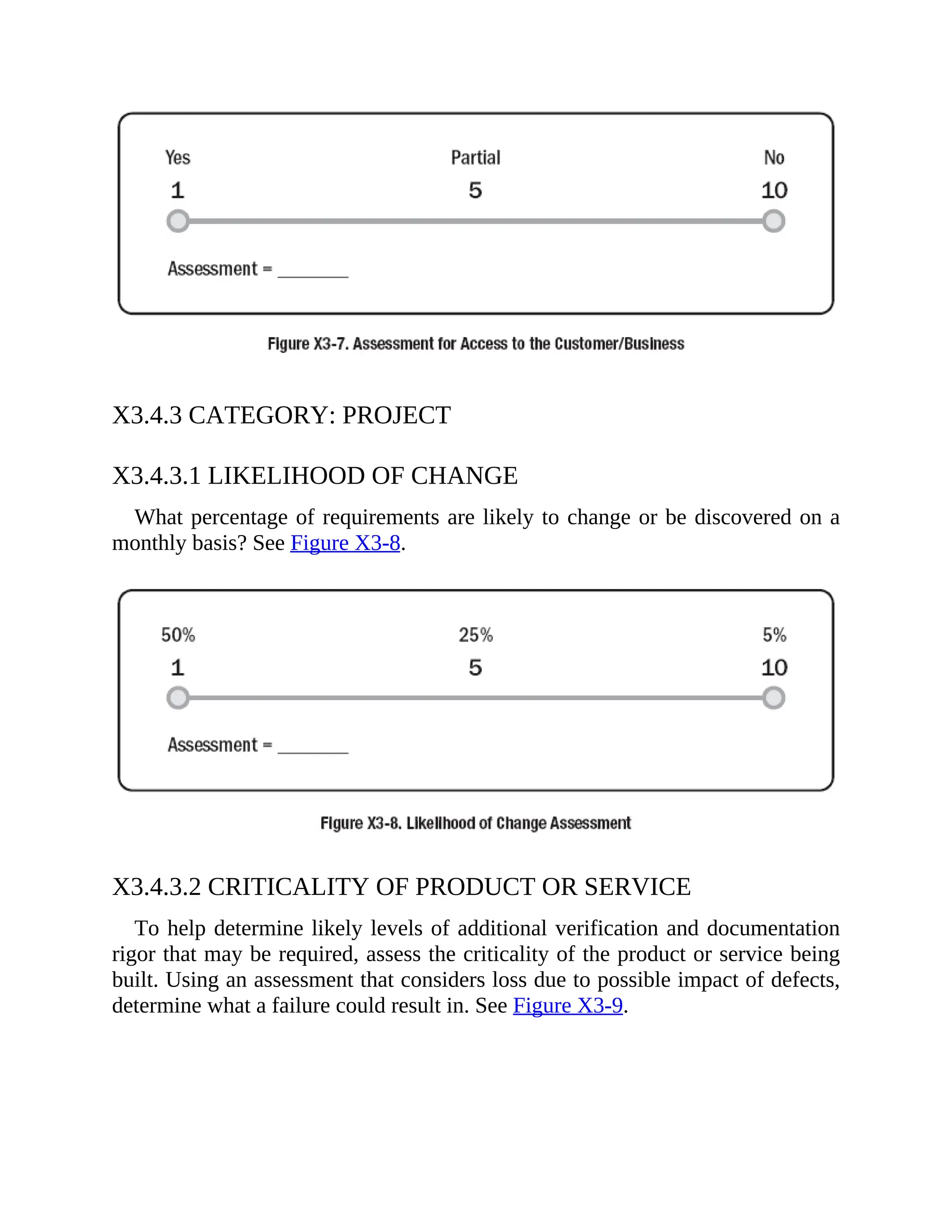 X3.4.3 CATEGORY: PROJECT
X3.4.3.1 LIKELIHOOD OF CHANGE
What percentage of requirements are likely to change or be discovered on a
monthly basis? See Figure X3-8.
X3.4.3.2 CRITICALITY OF PRODUCT OR SERVICE
To help determine likely levels of additional verification and documentation
rigor that may be required, assess the criticality of the product or service being
built. Using an assessment that considers loss due to possible impact of defects,
determine what a failure could result in. See Figure X3-9.
 