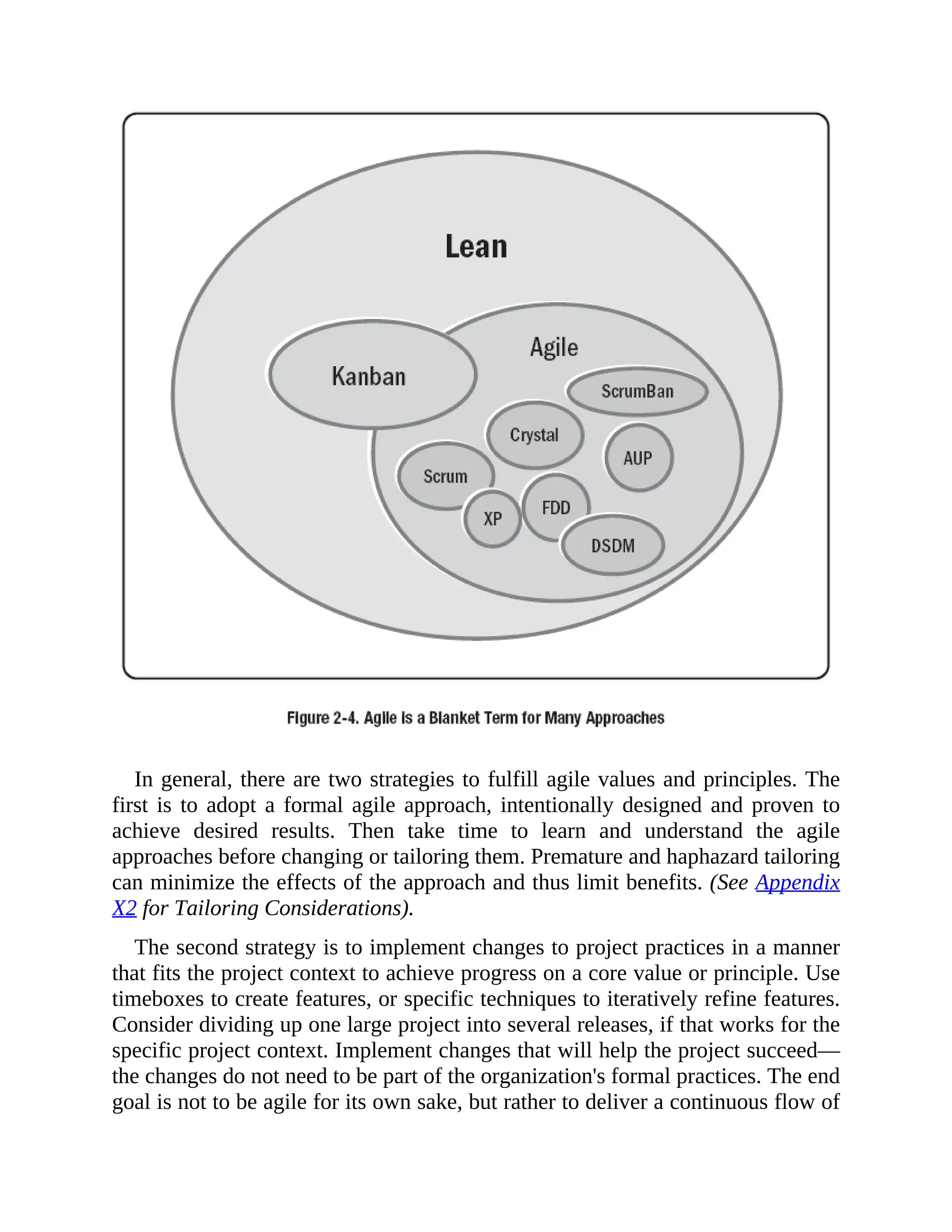 In general, there are two strategies to fulfill agile values and principles. The
first is to adopt a formal agile approach, intentionally designed and proven to
achieve desired results. Then take time to learn and understand the agile
approaches before changing or tailoring them. Premature and haphazard tailoring
can minimize the effects of the approach and thus limit benefits. (See Appendix
X2 for Tailoring Considerations).
The second strategy is to implement changes to project practices in a manner
that fits the project context to achieve progress on a core value or principle. Use
timeboxes to create features, or specific techniques to iteratively refine features.
Consider dividing up one large project into several releases, if that works for the
specific project context. Implement changes that will help the project succeed—
the changes do not need to be part of the organization's formal practices. The end
goal is not to be agile for its own sake, but rather to deliver a continuous flow of
 