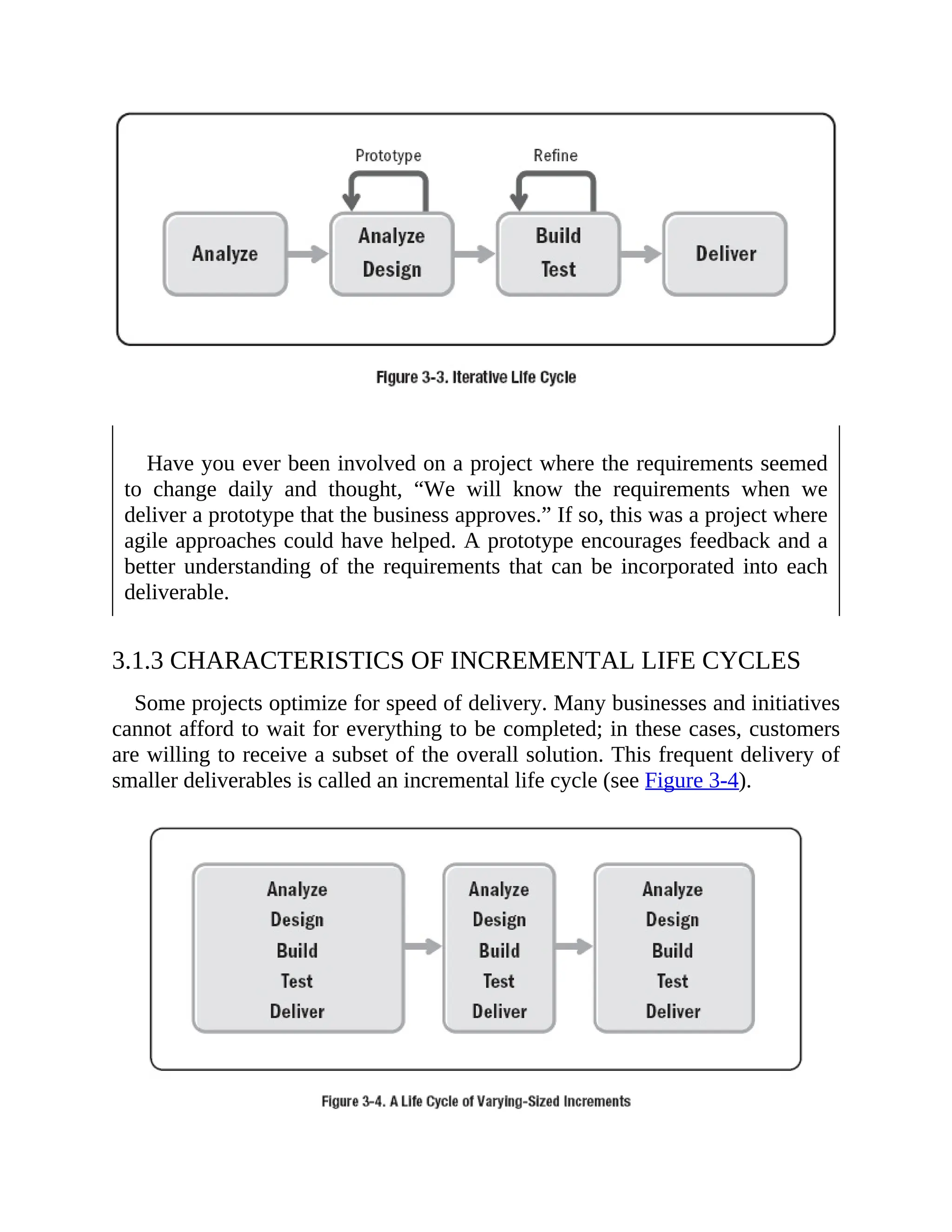 Have you ever been involved on a project where the requirements seemed
to change daily and thought, “We will know the requirements when we
deliver a prototype that the business approves.” If so, this was a project where
agile approaches could have helped. A prototype encourages feedback and a
better understanding of the requirements that can be incorporated into each
deliverable.
3.1.3 CHARACTERISTICS OF INCREMENTAL LIFE CYCLES
Some projects optimize for speed of delivery. Many businesses and initiatives
cannot afford to wait for everything to be completed; in these cases, customers
are willing to receive a subset of the overall solution. This frequent delivery of
smaller deliverables is called an incremental life cycle (see Figure 3-4).
 