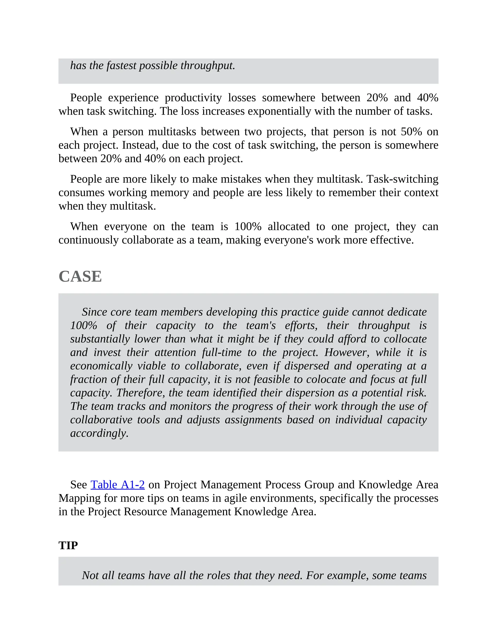 has the fastest possible throughput.
People experience productivity losses somewhere between 20% and 40%
when task switching. The loss increases exponentially with the number of tasks.
When a person multitasks between two projects, that person is not 50% on
each project. Instead, due to the cost of task switching, the person is somewhere
between 20% and 40% on each project.
People are more likely to make mistakes when they multitask. Task-switching
consumes working memory and people are less likely to remember their context
when they multitask.
When everyone on the team is 100% allocated to one project, they can
continuously collaborate as a team, making everyone's work more effective.
CASE
Since core team members developing this practice guide cannot dedicate
100% of their capacity to the team's efforts, their throughput is
substantially lower than what it might be if they could afford to collocate
and invest their attention full-time to the project. However, while it is
economically viable to collaborate, even if dispersed and operating at a
fraction of their full capacity, it is not feasible to colocate and focus at full
capacity. Therefore, the team identified their dispersion as a potential risk.
The team tracks and monitors the progress of their work through the use of
collaborative tools and adjusts assignments based on individual capacity
accordingly.
See Table A1-2 on Project Management Process Group and Knowledge Area
Mapping for more tips on teams in agile environments, specifically the processes
in the Project Resource Management Knowledge Area.
TIP
Not all teams have all the roles that they need. For example, some teams
 