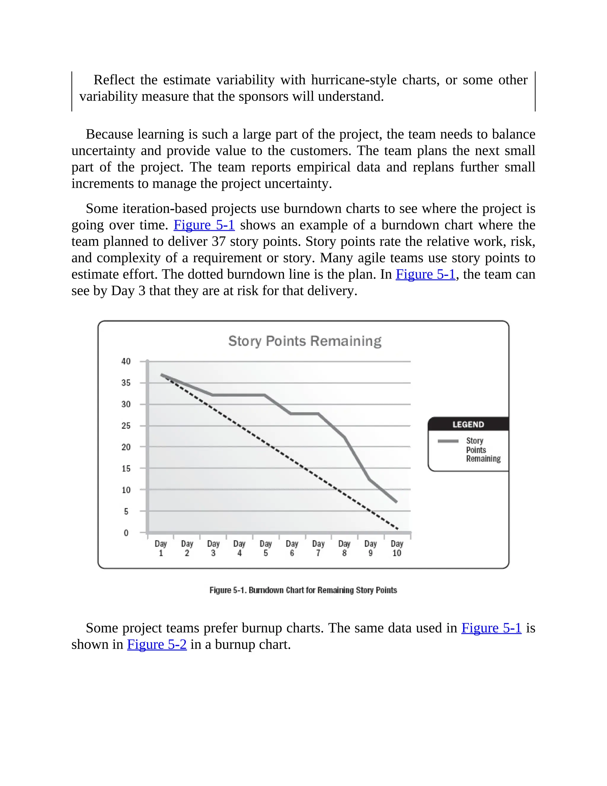 Reflect the estimate variability with hurricane-style charts, or some other
variability measure that the sponsors will understand.
Because learning is such a large part of the project, the team needs to balance
uncertainty and provide value to the customers. The team plans the next small
part of the project. The team reports empirical data and replans further small
increments to manage the project uncertainty.
Some iteration-based projects use burndown charts to see where the project is
going over time. Figure 5-1 shows an example of a burndown chart where the
team planned to deliver 37 story points. Story points rate the relative work, risk,
and complexity of a requirement or story. Many agile teams use story points to
estimate effort. The dotted burndown line is the plan. In Figure 5-1, the team can
see by Day 3 that they are at risk for that delivery.
Some project teams prefer burnup charts. The same data used in Figure 5-1 is
shown in Figure 5-2 in a burnup chart.
 